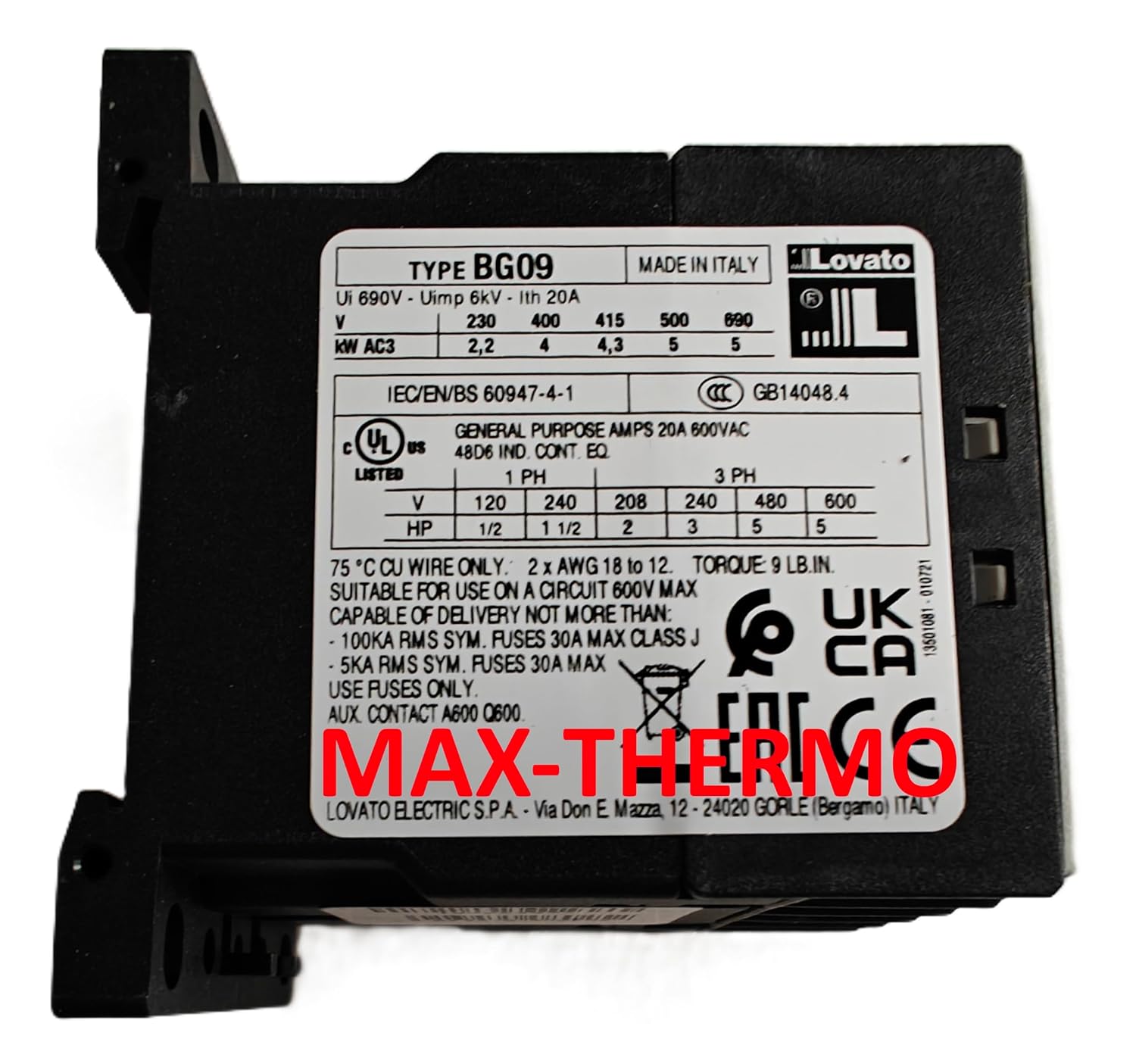 Lovato Electric 11BG0901A230 3 Pole Mini Contactor, BG09.01A, 230V 50/60 Hz