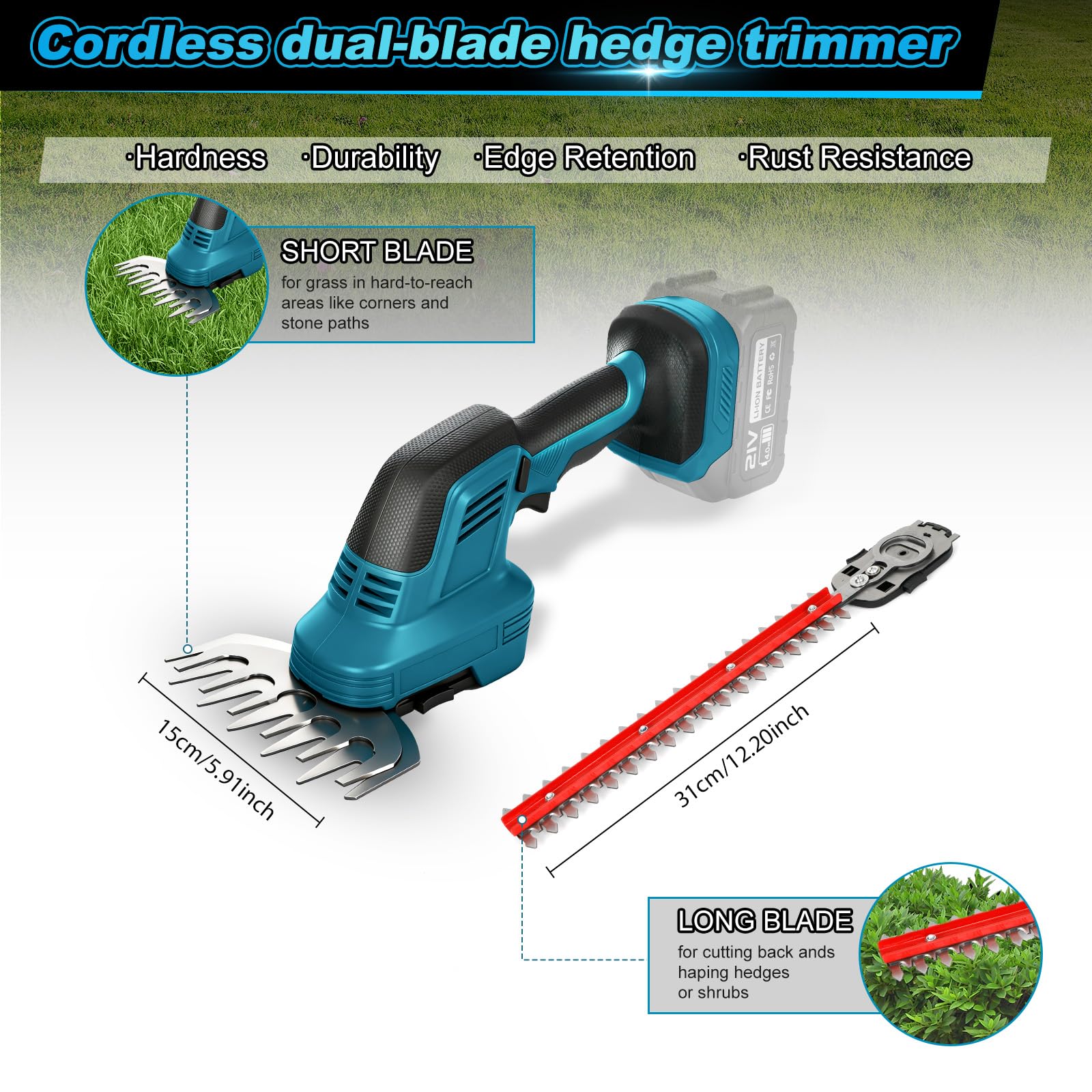 Cortasetos y podadora eléctrica con batería 5 en 1 con mango extensible, compatible con Makita 18 V, longitud ajustable de 100 a 200 cm y cabezal giratorio de 0 a 180°, cortador de setos eléctrico