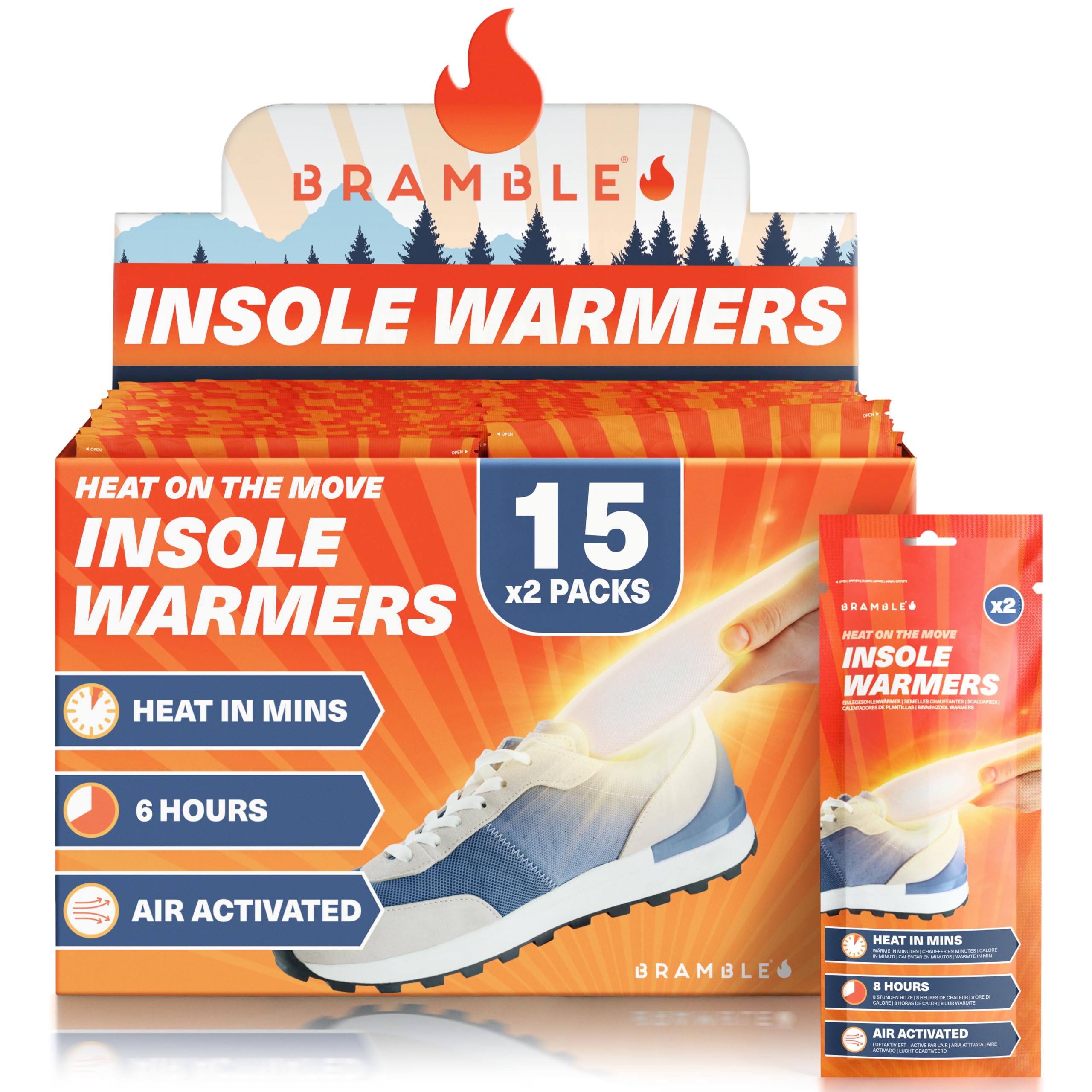 Bramble - Foot Insole Warmers (15 Pairs, 30 Total) - Full Foot Warming Insoles for Shoes and Boots - Air-Activated & Odour-Free - Up to 6 Hours of Heat