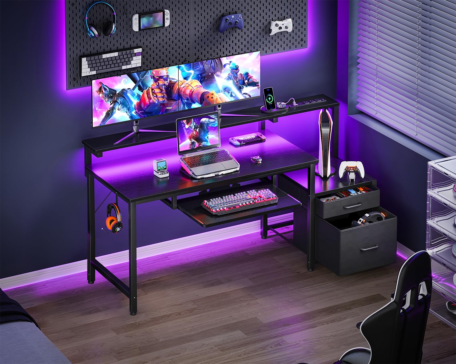 Coleshome Scrivania Gaming con LED e Prese, 140x48cm Scrivania con 2 Cassetti, Tavolo Computer Reversibile con Supporto Monitor e Vassoio per Tastiera Ufficio Casa, Nero