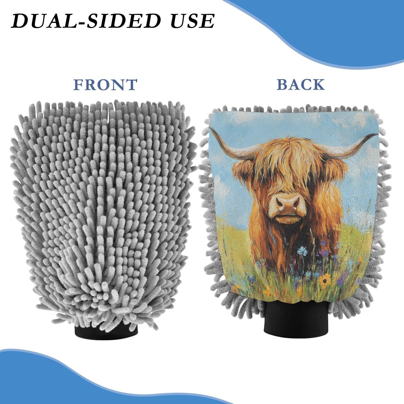 Flradish 2 Pack Highland Cow Car Wash Mitt Chenille Microfiber Lint-Free Scratch Free Ultra-Soft Absorbent Car Wash Mitt 11.8x8.07 Inch