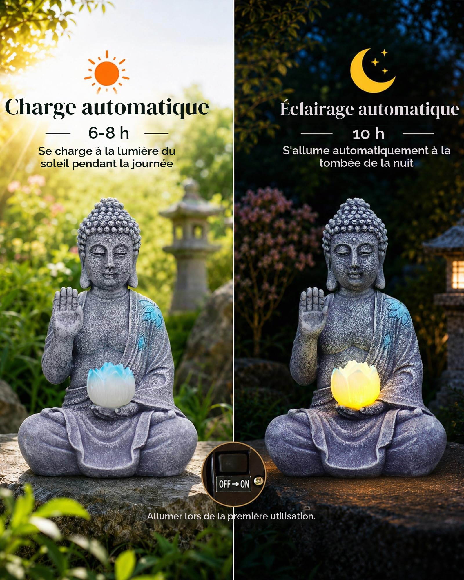 Yeomoo Statue de Bouddha avec LED solaire Lotus Décoration de jardin - Figurine de méditation résistante aux intempéries pour jardin Zen, salon Feng Shui, cadeau spirituel pour femmes, maman, hommes
