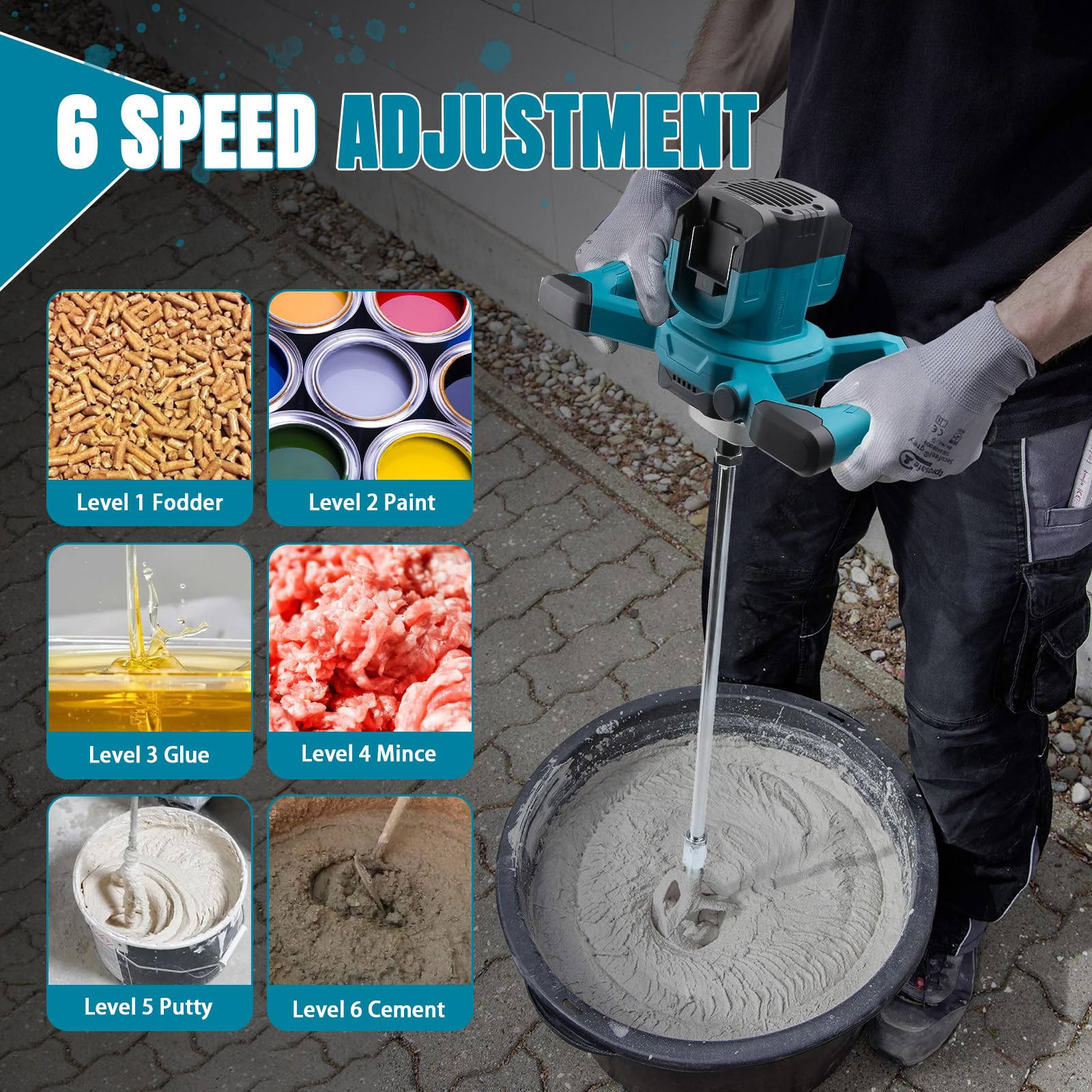 Mélangeur sans fil pour peinture et béton, compatible avec batterie Makita 18 V (sans batterie), mélangeur de mortier sans balais avec 6 vitesses et gants, pour mélanger les aliments, le mortier, la