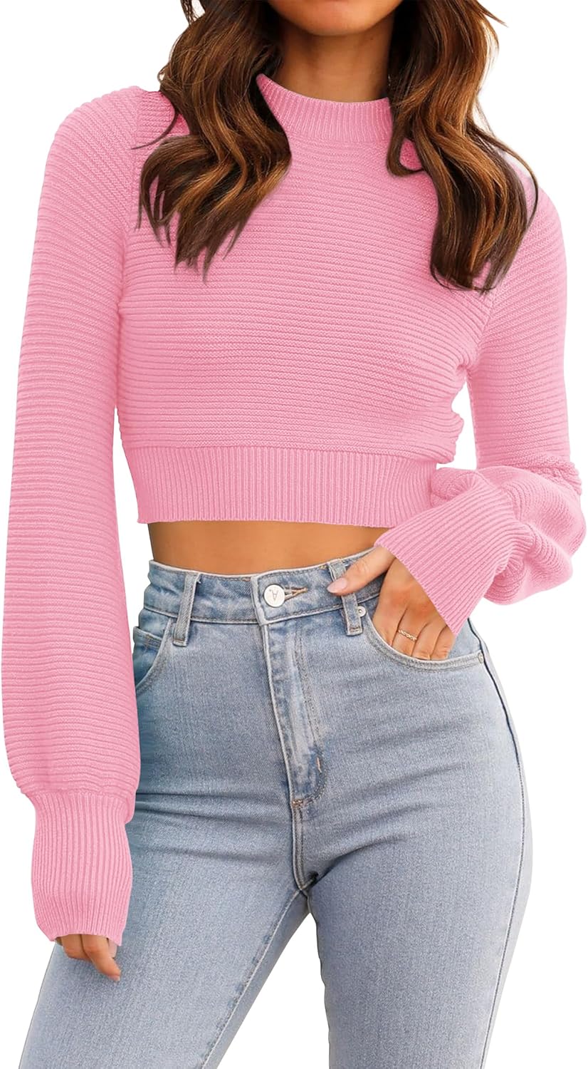 ZESICA Women's Spring Mock Neck Cropped Sweaters 2026 Long Sleeve Soft Ribbed Knit Pullover Jumper Tops