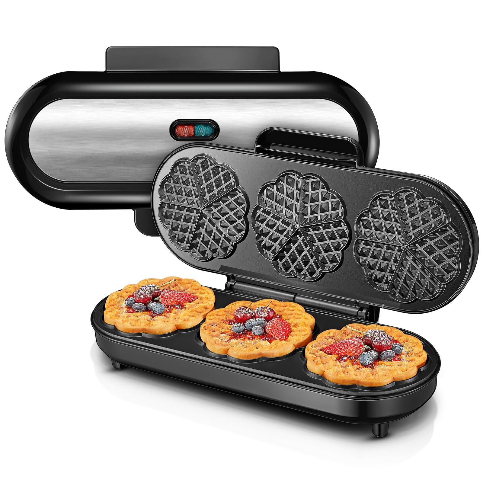 FOHERE King Size Waffeleisen, 15 Herzwaffeln in 2 Minuten, Herzwaffeleisen mit 3 Antihaftbeschichteten Backflächen für klassische Herzwaffeln, Backampel, Edelstahl, ideal für Familie & Party (silbern)