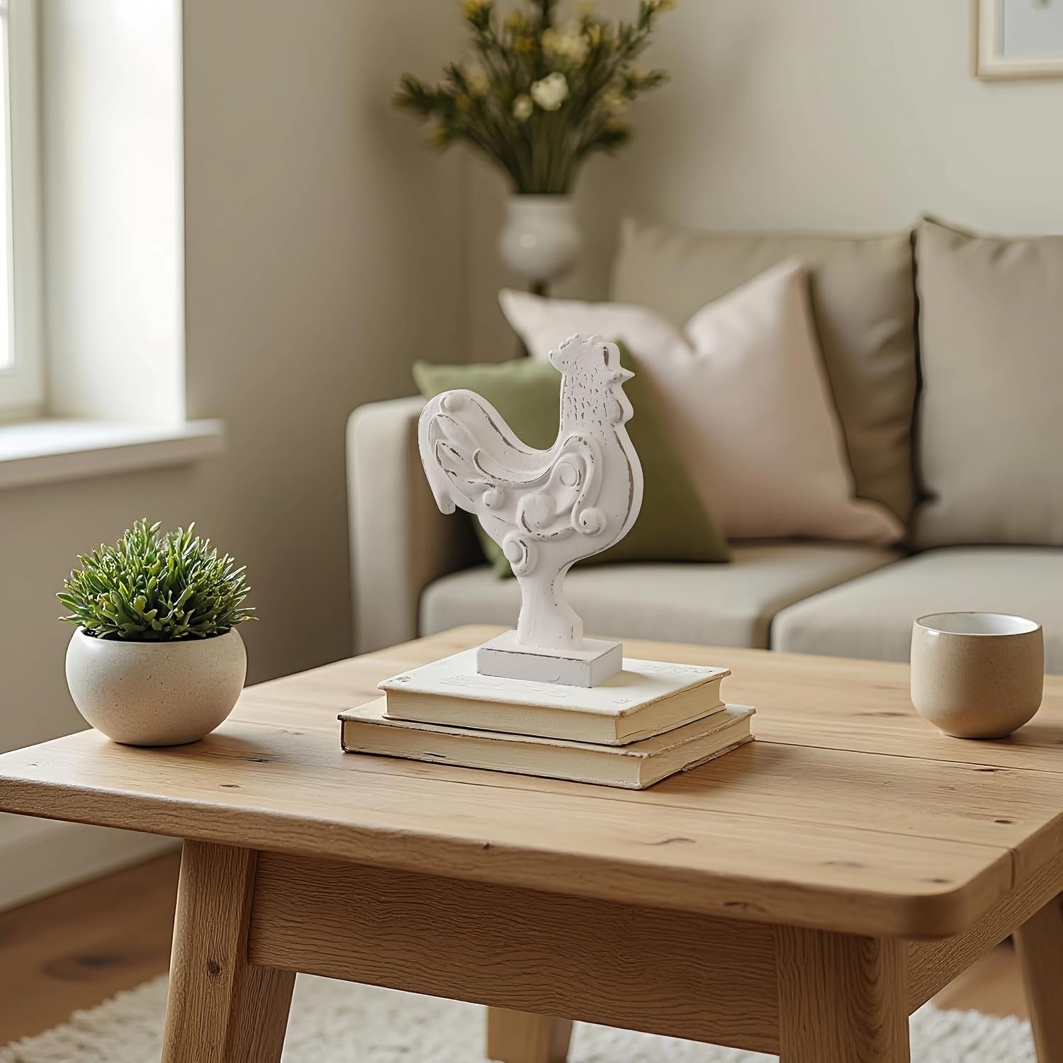 Rustic Small Chicken Statue Kitchen Decor 6 X 8 Inch, Handmade Distressed White Rooster Decor for Tabletop, Wooden Chicken Themed Gifts for Christmas Kitchen Mantel Dining Room Living Room