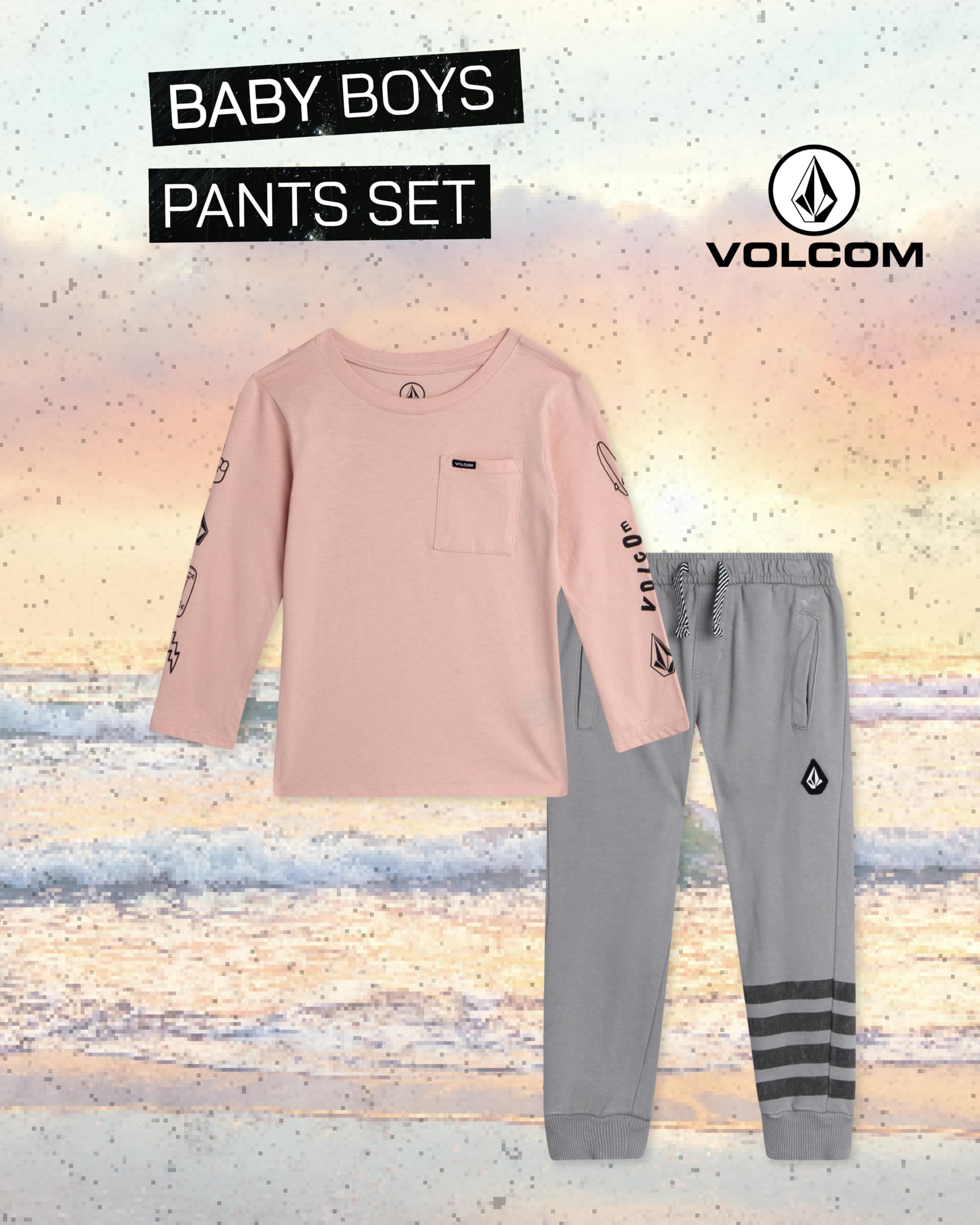 Volcom Set di pantaloni da bambino – 2 pezzi camicia in jersey a maniche lunghe e pantaloni da jogging in spugna francese abbigliamento da gioco per neonato/bambino (12M-7)