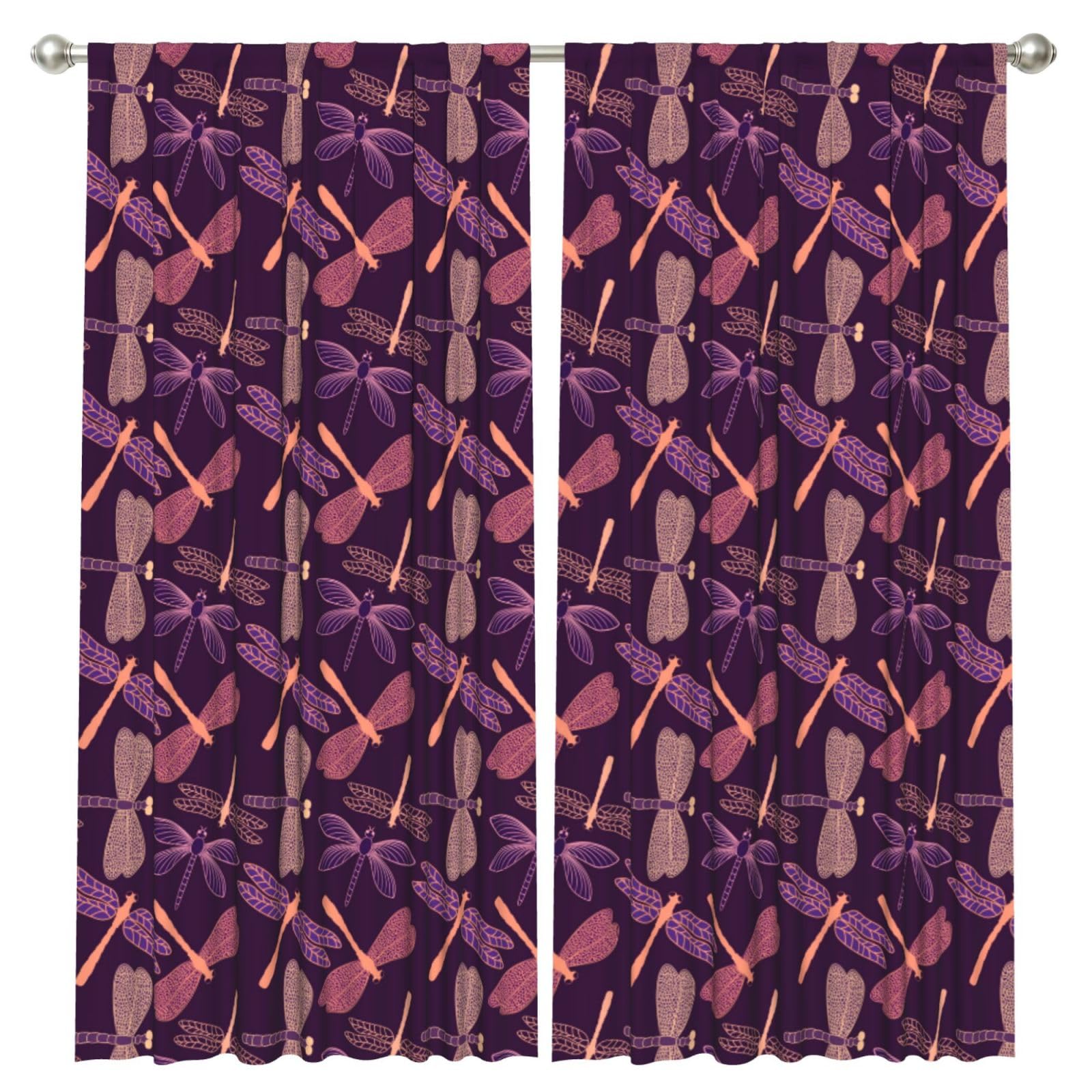InOmak Purple Dragonfly, 2 Panels Window Curtains 52 x 84 Inch Blackout Curtains for Living Room Bedroom