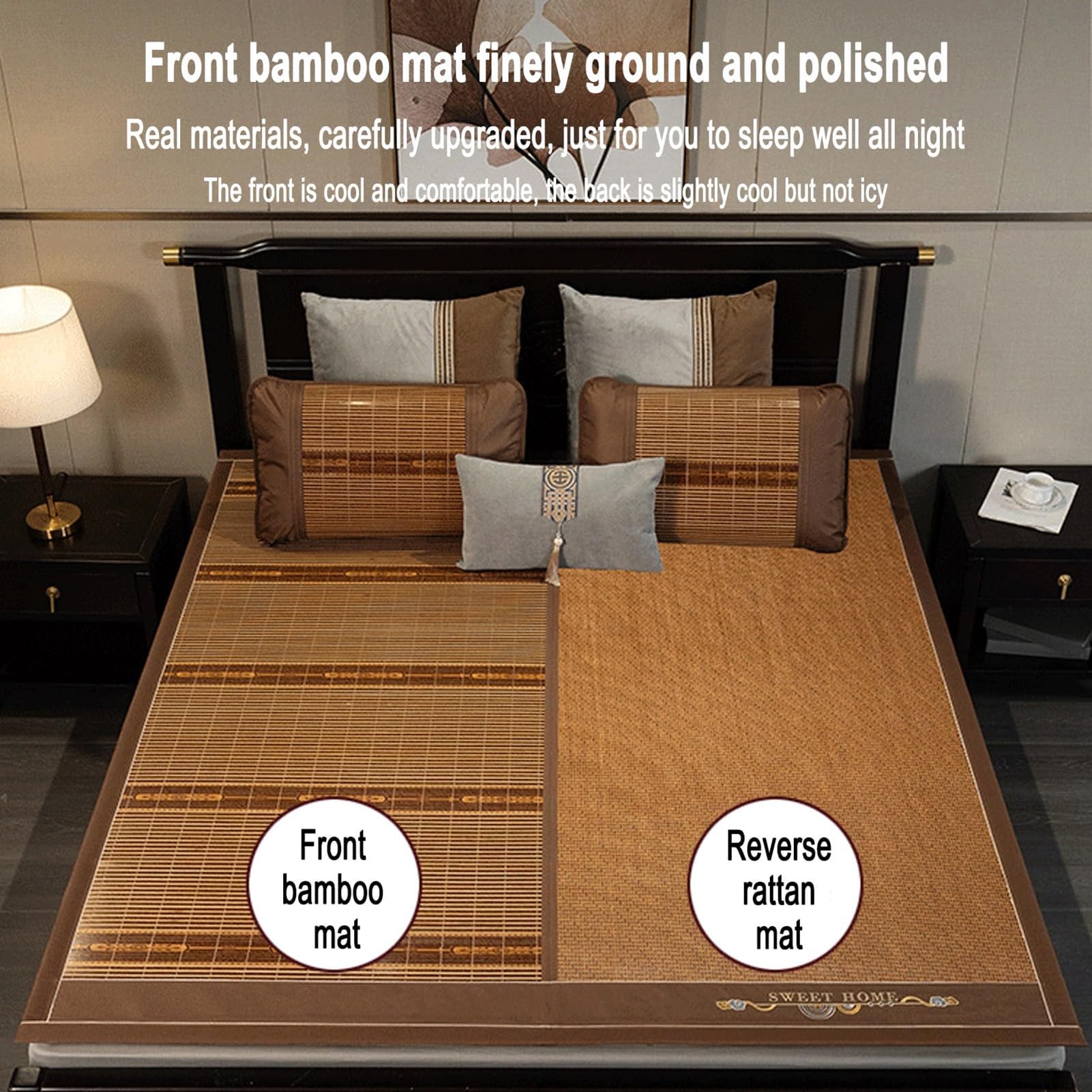 Tapis de Couchage rafraîchissant pour l'été, Tapis de Bambou rafraîchissant en rotin de Glace d'été, antidérapant, Lavable, séchage Rapide, Plusieurs Tailles(F,90x190CM/35.4 * 74.8IN)