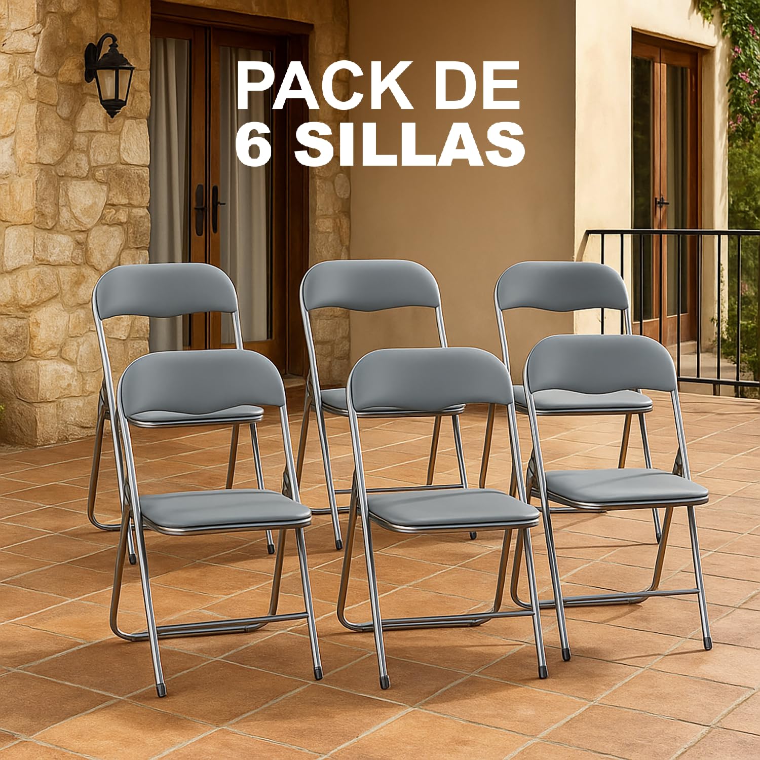 TIENDA EURASIA – Sillas Plegables | Pack de 6 | Material Estructura de Metal y Cuero Sintético | Asiento Acolchado | Respaldo Extendido | 44x48x80 cm | Color Gris
