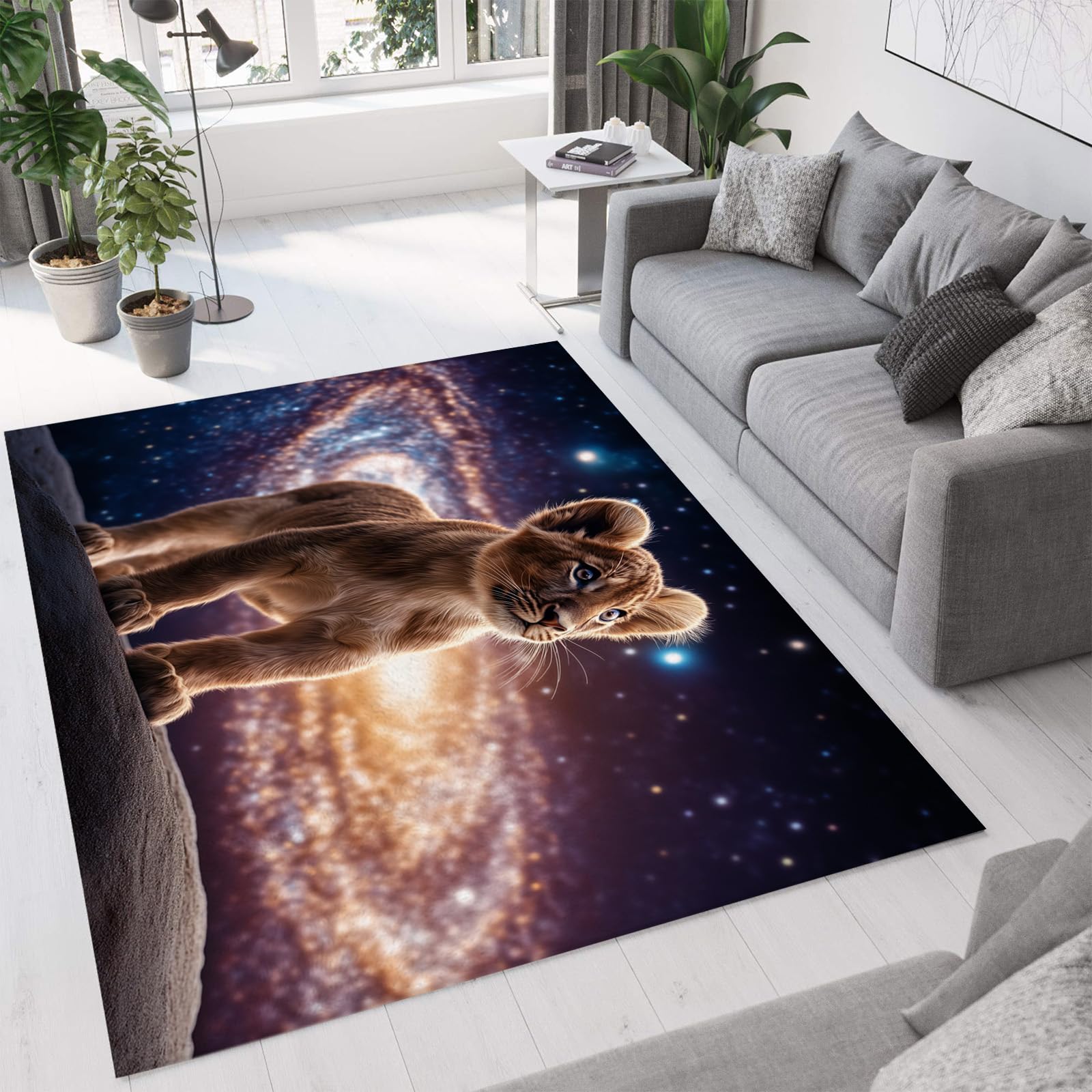 Tapis galaxie spatiale 90x150 cm lavable avec lion mignon pour salle de jeux