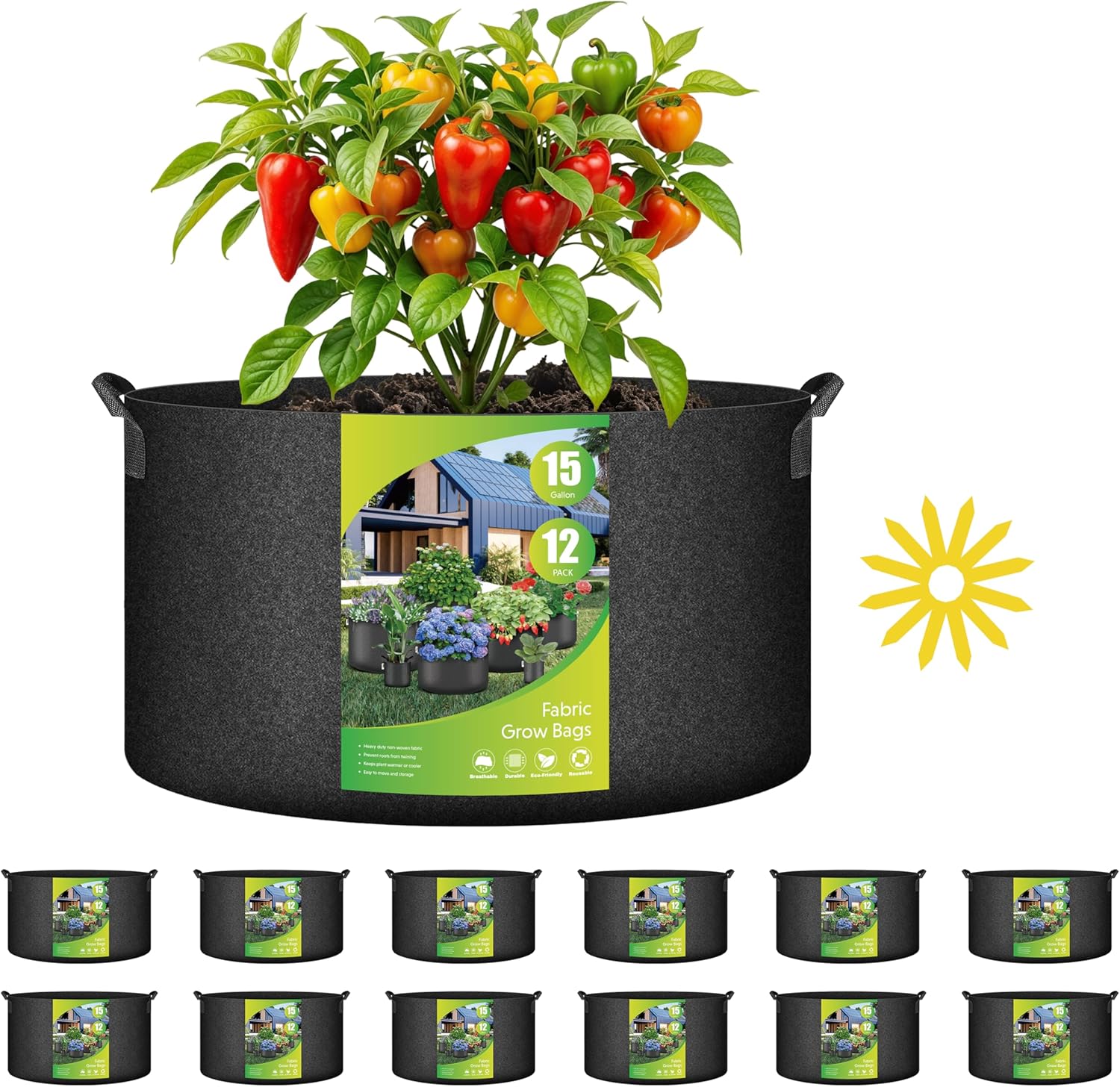 Simple Deluxe 12 Pack 15 Gallon Grow Bags, 300G Vegetable/Flower/Plant Fabric Pots with Handles, Heavy Duty Thickened Nonwoven Planting Bag with 12 Pcs Plant Labels