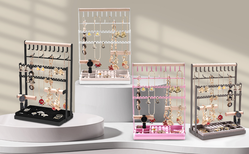 Portagioie Donna Organizer for gioielli, collana, anello, orecchini, scatola portaoggetti, tre strati, tessuto in velluto, portagioie, scatola for ornamenti, organizer for la casa per Anelli Bracciali