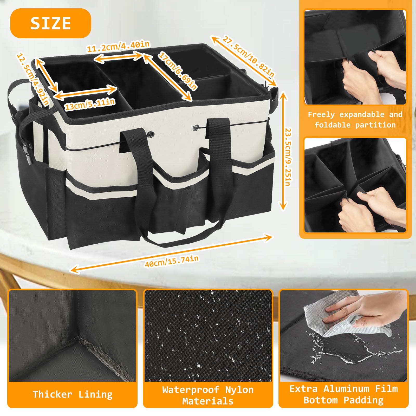 Cesto Per La Conservazione Dei Prodotti Per La Pulizia,Cestino Porta Attrezzi con 5 Tasche Esterne, Organizer Per Pulizie in Tessuto Oxford, Impermeabile, con Spallacci Regolabili (Bianco)