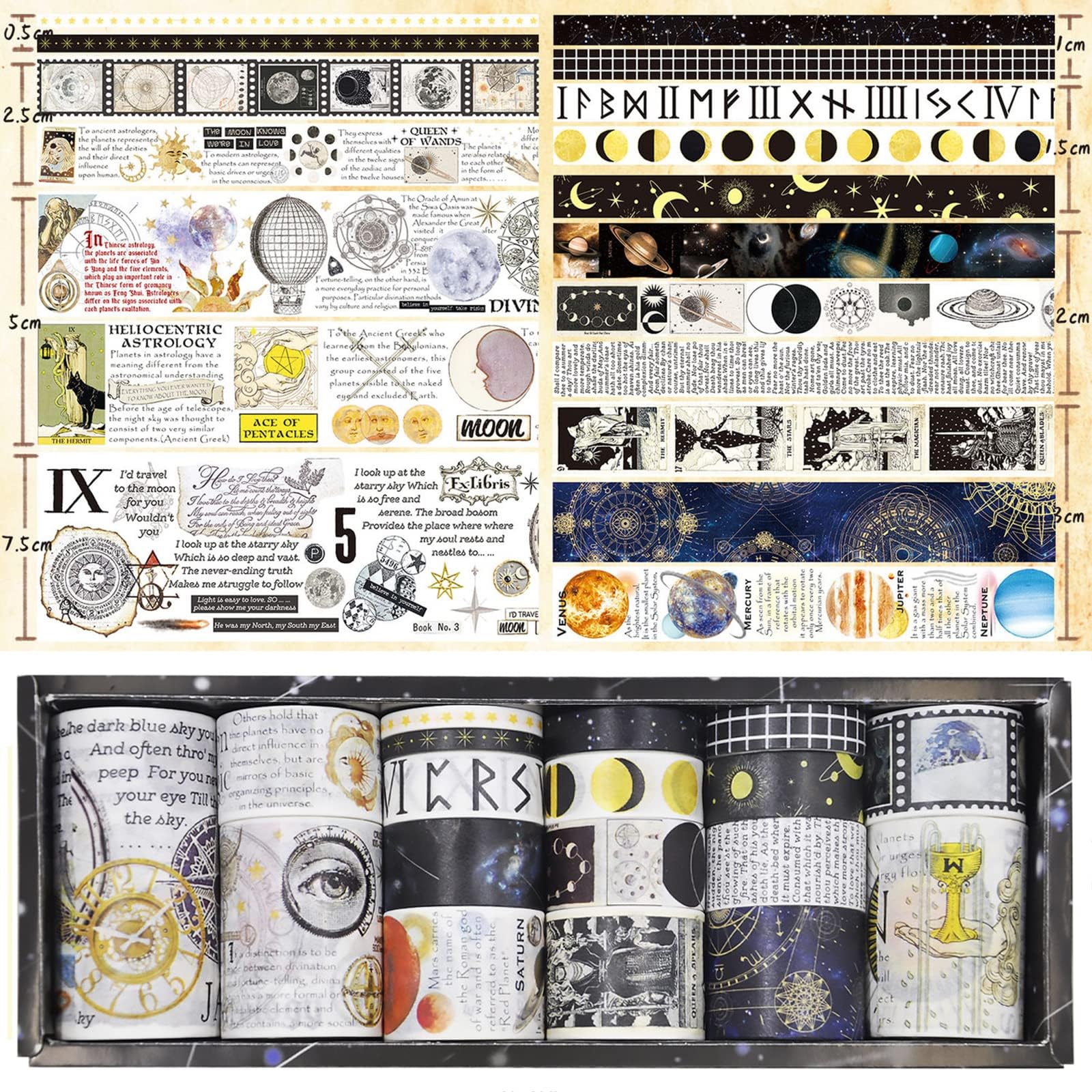 Azonee 18 Rolls Universe Washi Tape, Decorative Washi Masking Tapes Set for Scrapbooking Gift Wrapping Decoration Arts & Crafts for Journaling, Bullet Journals, Junk Journal, DIY Crafts (Universe)