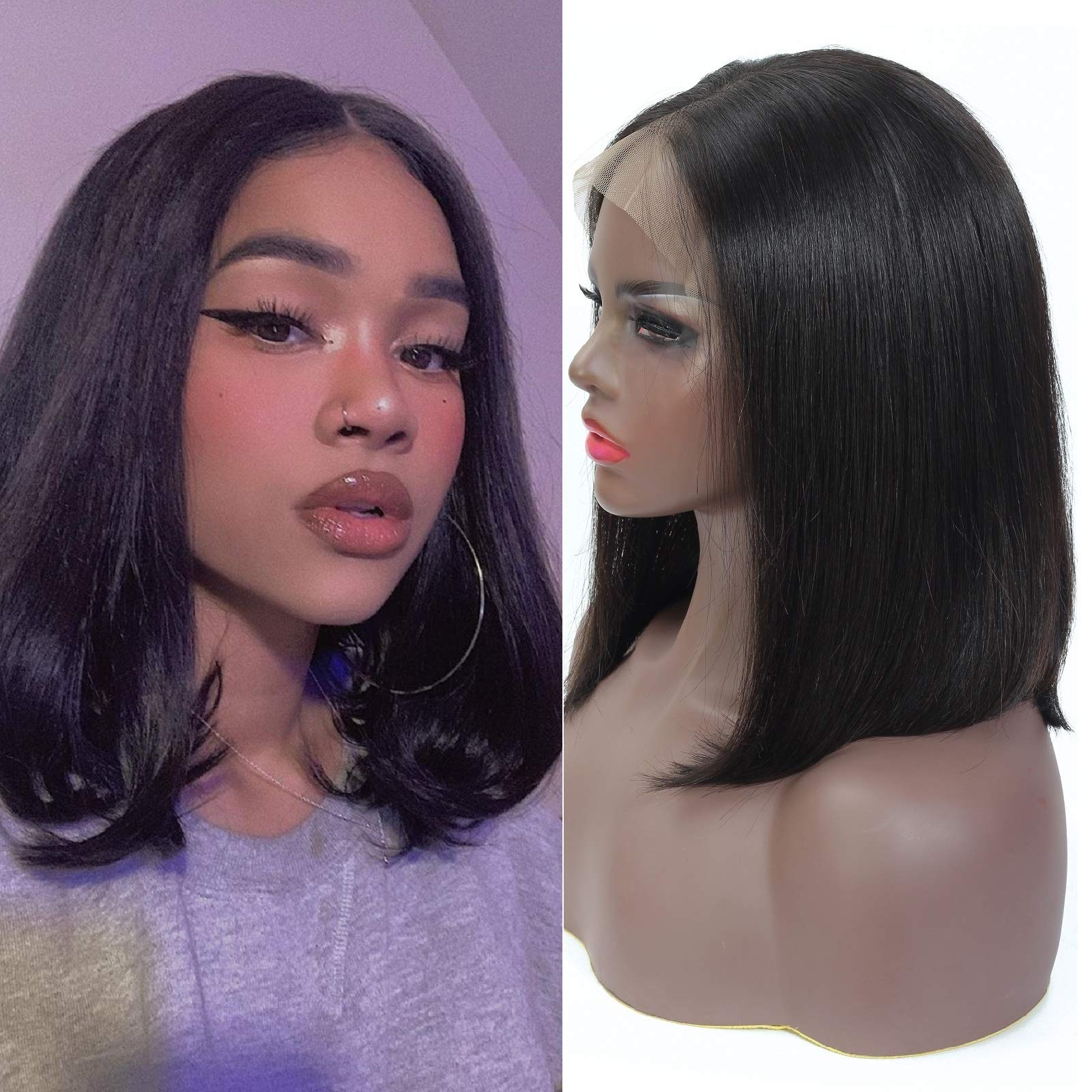 Short Bob Lace Front Wigs Human Hair 13x4 Short Bob Wig 9A Brazilian Remy Hair Lace Front Wigs Straight Human Hair Bob Wigs 150% Density 12 Inch Natural Color