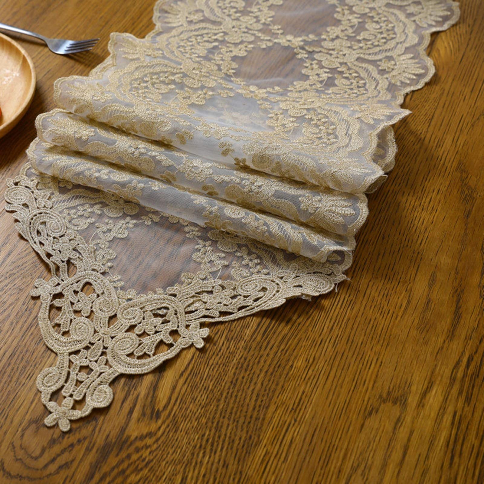 Tischläufer Polyester Wohnzimmer, Tischläufer Hochzeit 30x310 cm, Vintage Khaki Bestickte Spitze