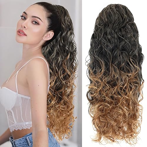 Miniatura 1 de Fashion Icon - Extensión de cola de caballo rizada y ondulada con clip, cabello real, color marrón degradado, rubio degradado, extensiones de cordón