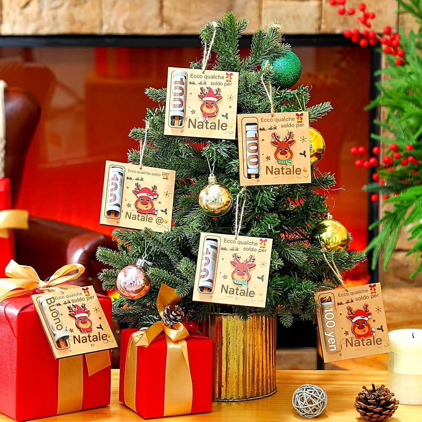 Portasoldi Natalizi in Legno 3 Pezzi Ornamenti Decorativi a Clip per Denaro per Albero di Natale