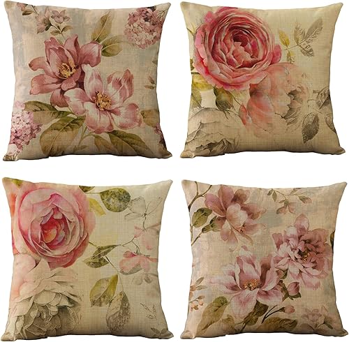 WOMHOPE Juego de 4 fundas de almohada vintage de flores, fundas de cojín de arpillera de 18 x 18 pulgadas para sala de estar, sofá y cama (juego de