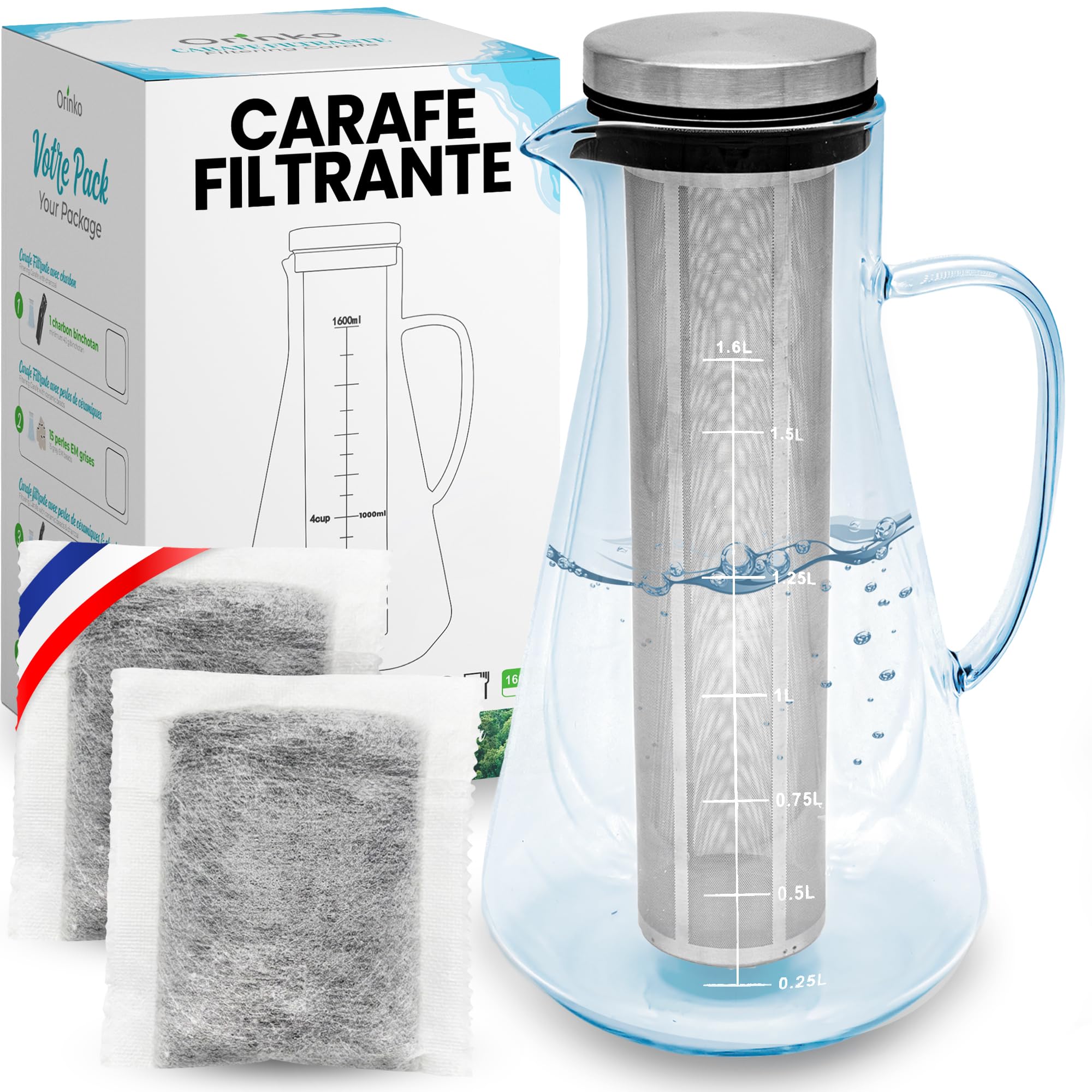 ORINKO Szklany dzbanek filtrujący 1,6 l + filtry do wody z węglem francuskim x2 - węgiel aktywny do naturalnego oczyszczania wody - potężna naturalna filtracja