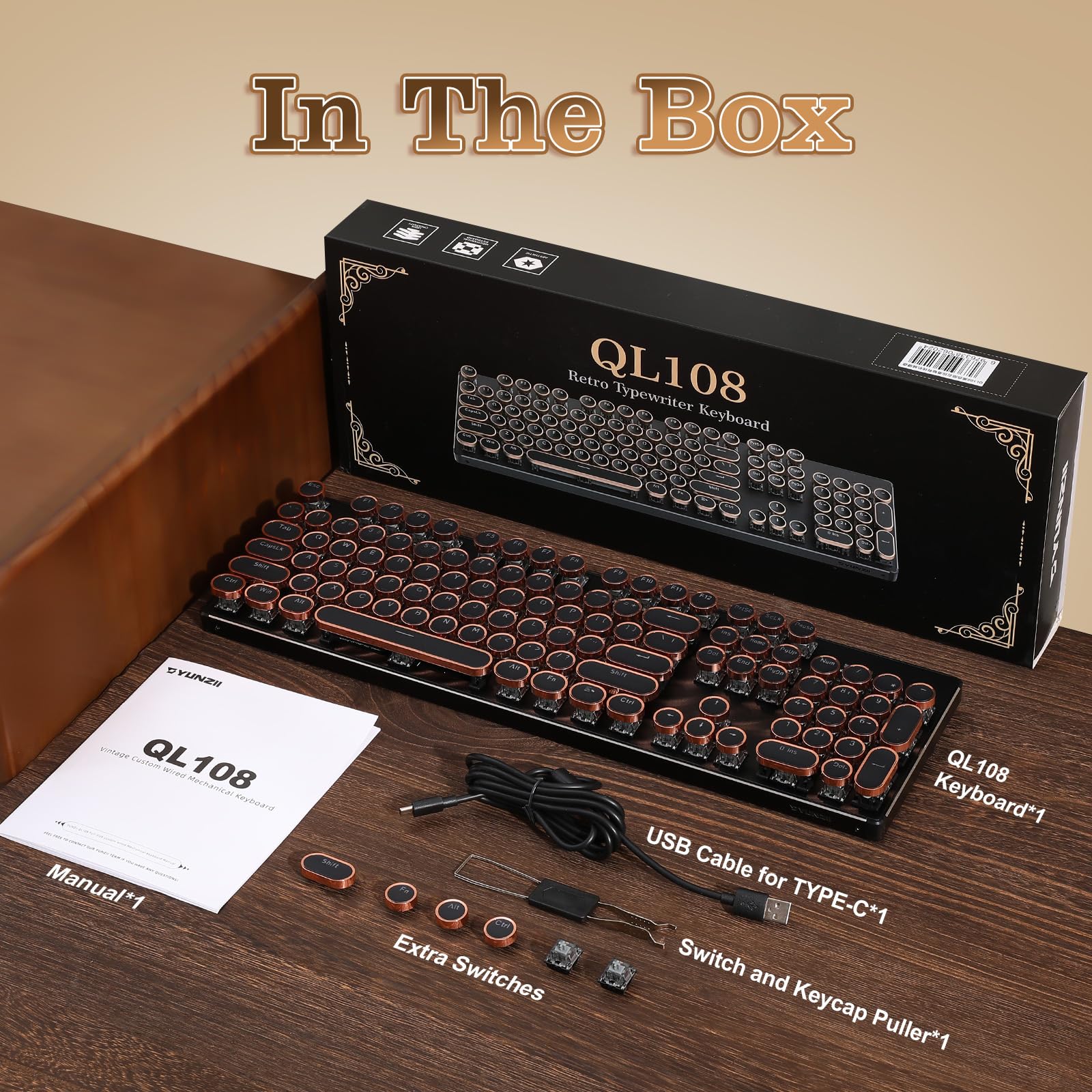YUNZII QL108 Teclado Mecánico Gaming Estilo Máquina de Escribir, Retroiluminado RGB Hot-Swap, USB con Teclas Redondas Retro y Panel Metálico Teclados PC (Negro, Onyx Tactile Switch)