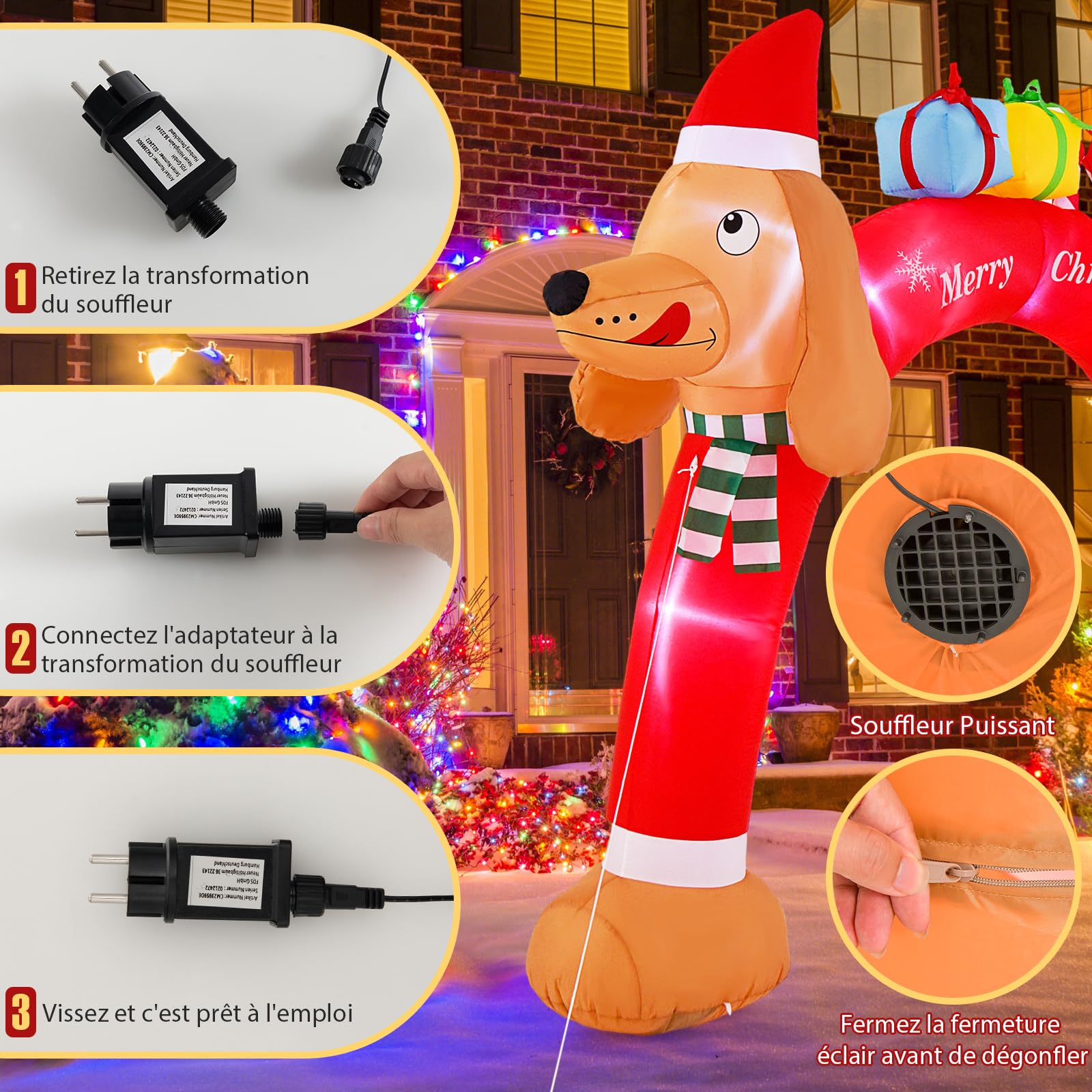 GYMAX Arche Gonflable de Noël Lumineux 242cm, Décoration de Noël Gonflable pour Extérieur Intérieur, Lumineux LED et Souffleur Intégrés, Cordes et Piquets, Décoration Festive