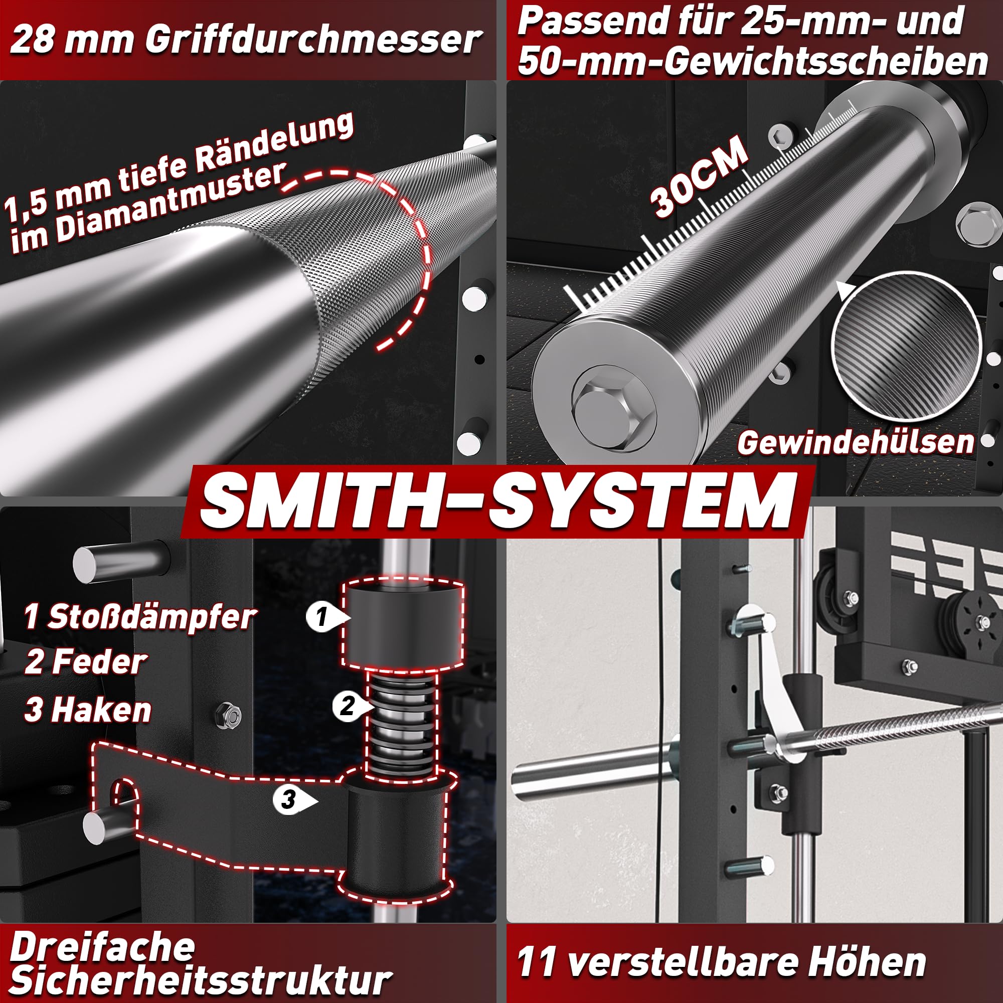 Smith Machine mit Jammer Arms, Beinpresse-Board und Bank – RitKeep PMAX-4750, duales scheibenbeladenes Fitnessgerät mit einstellbarem 1:1- & 2:1-Flaschenzugsystem