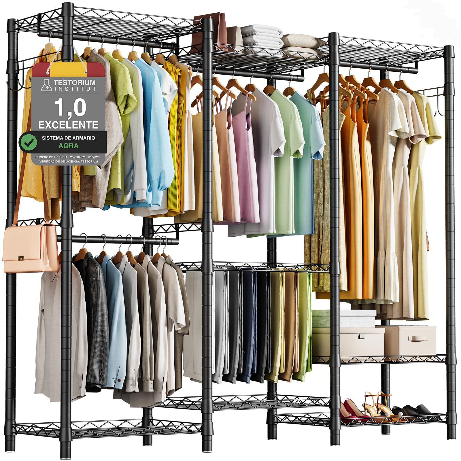 AQRA Perchero Burro Ropa Negro Metálico | 3 Barras Para Ropa, Ganchos Laterales, Carga máxima 400kg, Dimensiones 172×38×194cm
