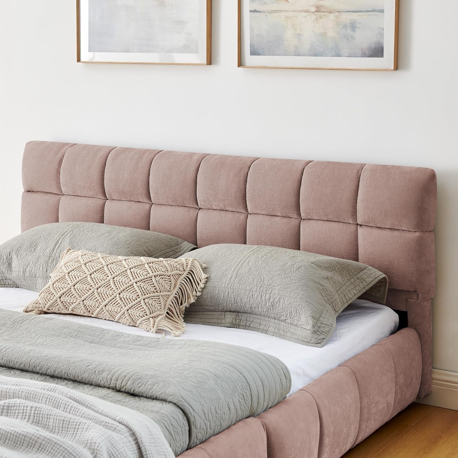 Queen Size Upholstered Bed,Comfortable upholstered Bed Frame, Chenille Fabric, with headboard and Solid Bed Frame. with Drawer for Storage.-Pink(88.5''*68.5''*31'')