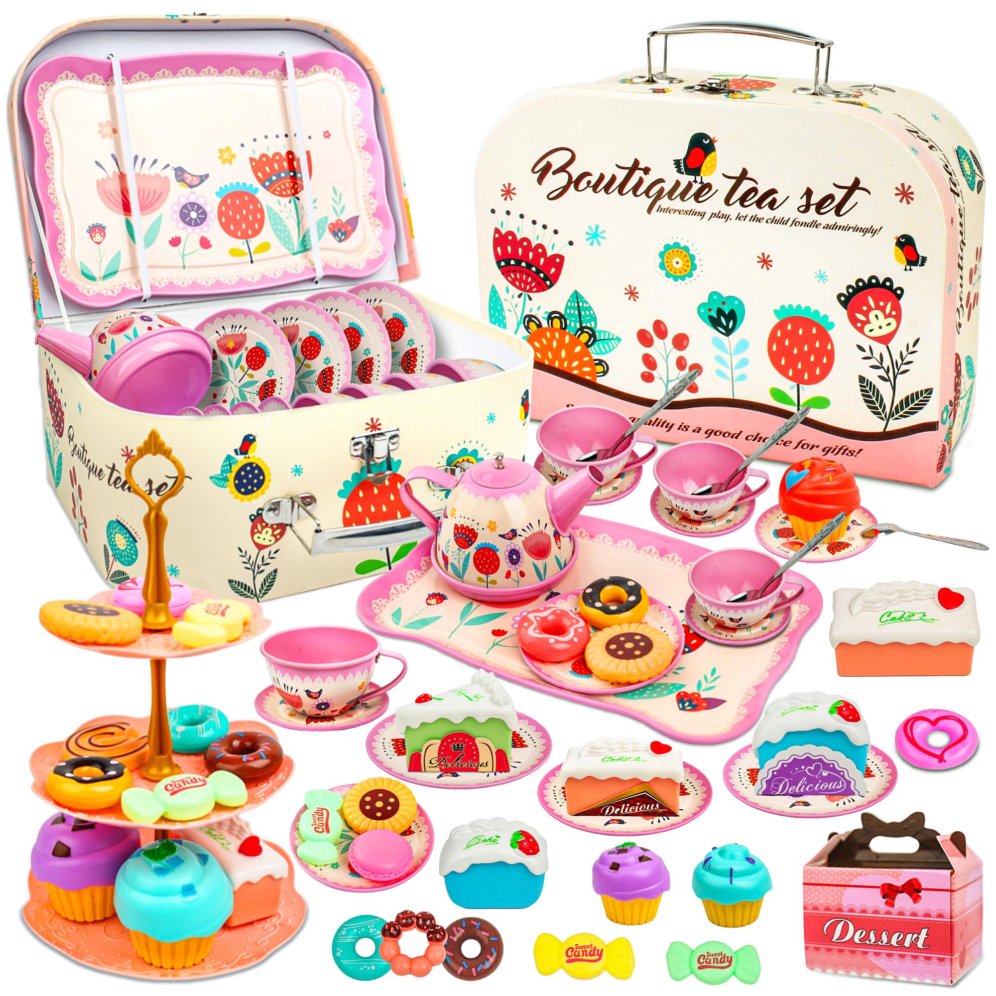 SMILESSKIDDO 46pcs Tea Party Set for Little Girls - Princess Tea Party Set,Kids Kitchen Pretend Play Toys - Toddler Tea Party Sets for Girls 3-5, Girls Tea Party Set Gift for 3 4 5 6 7 8 Girl(Garden)