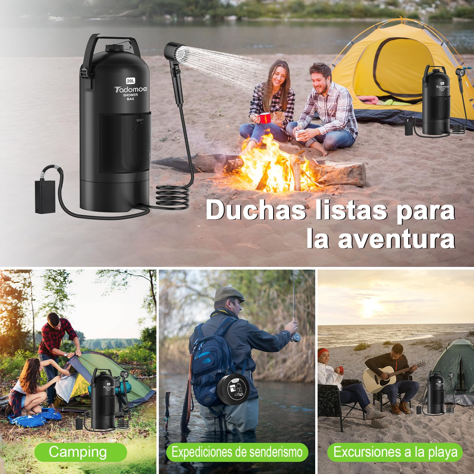 Ducha Portatil, Ducha Camper 5 Galones/20L con Bomba de Ducha Portátil, 2000mAh Bolsa Ducha Camping con Boquilla Práctica para Camping, Senderismo y Playa