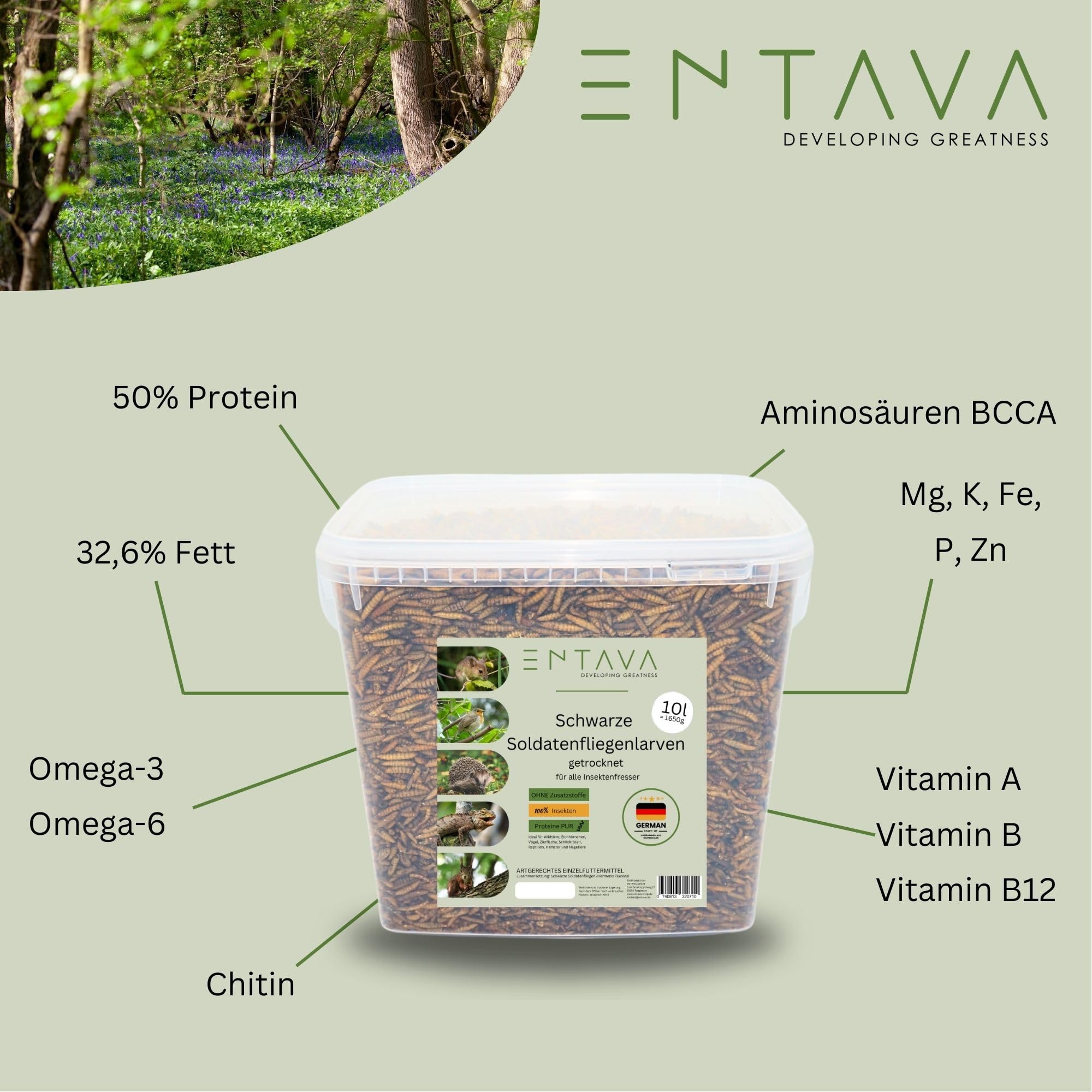 Soldatenfliegenlarven getrocknet 10l (1400g) - Getrocknete Insekten in Premium-Qualität, Soldatenfliegen für Vögel, Amselfutter, Koifutter, Igelfutter, Eichhörnchenfutter, Futter für Wildvögel