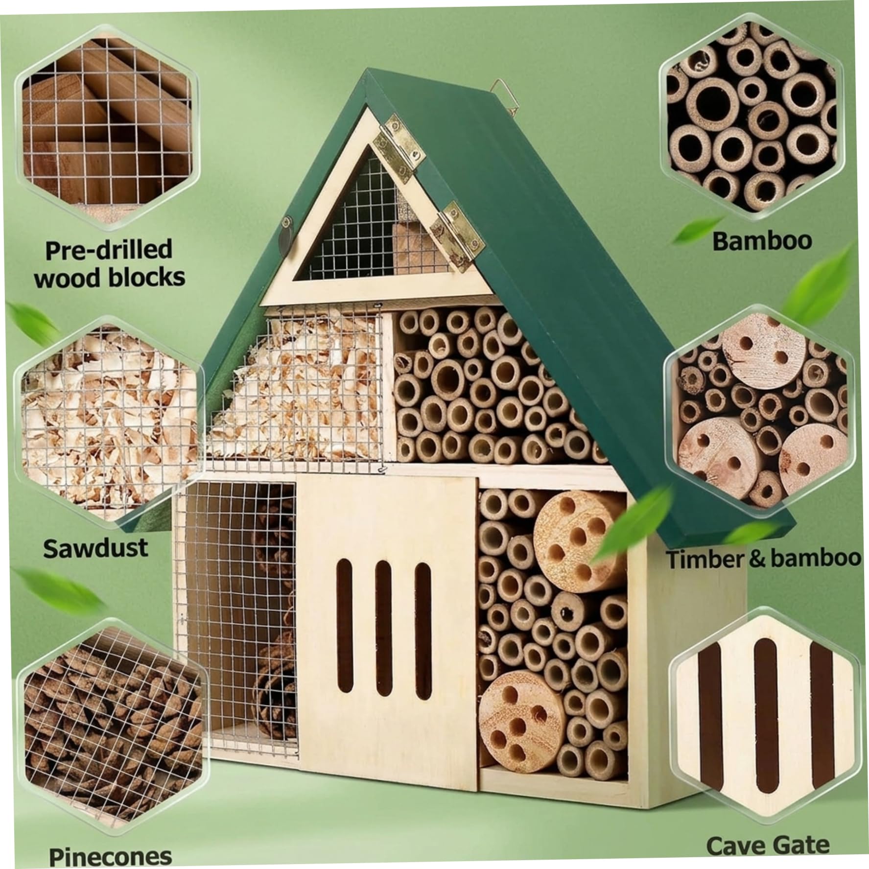 Casette per da giardino, Casetta per insetti in legno naturale con tetto verde, Habitat sospeso per muratrici, e insetti benefici, Decorazione da giardino per esterni Casetta per