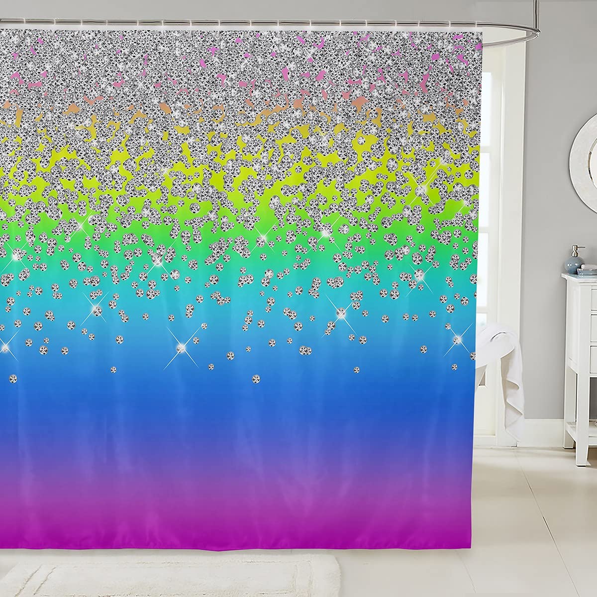 Loussiesd Silver Glitter Bath Curtain (No Glitter) Bling Partyations Shower Curtain Diamond Rainbow Color Bathroom Fabric fors Stalls Bathtubs Waterproof Curtains 59x71 Inch