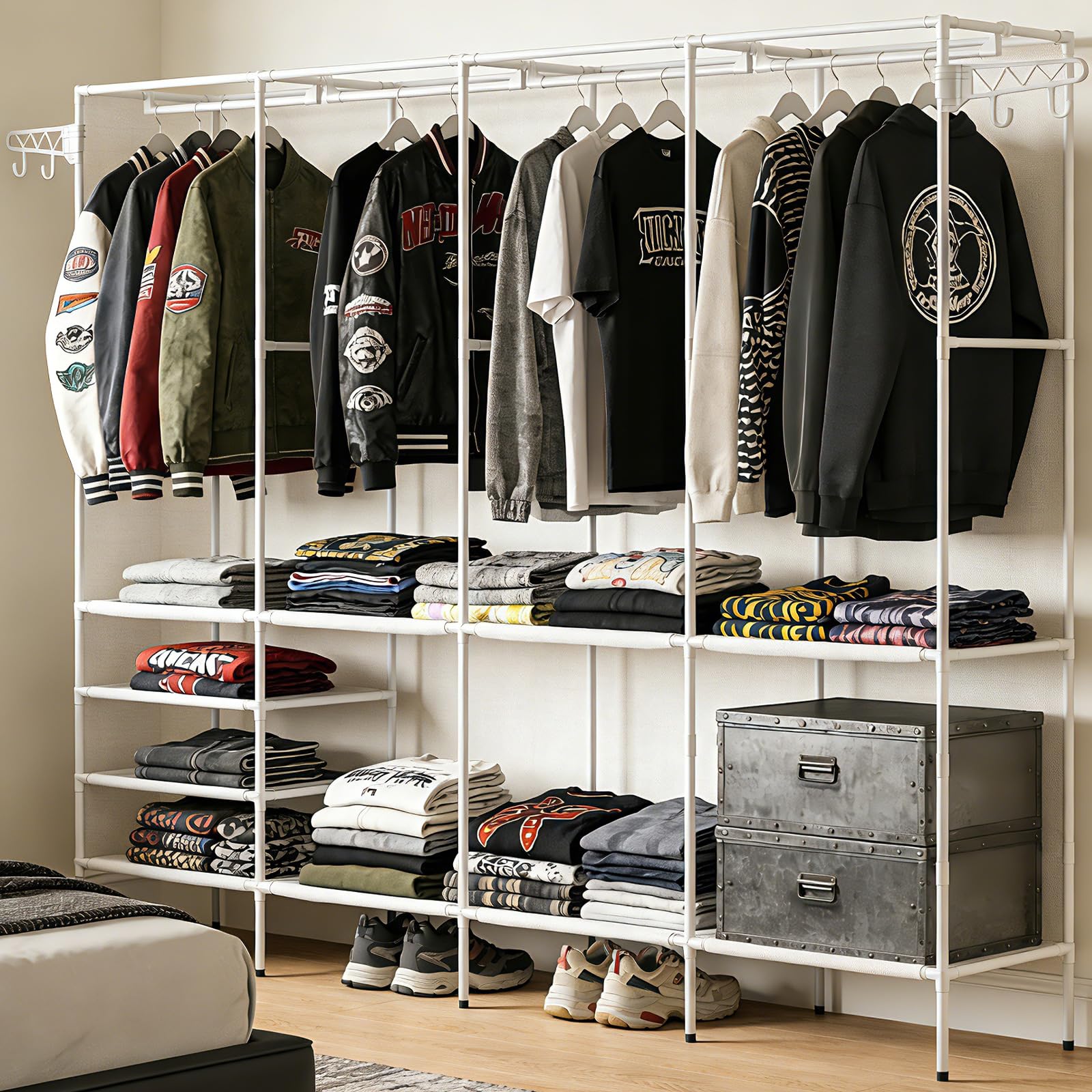 Soontrans Kleiderschrank, offen mit 10 Fächern & 2 Haken, Weiß | Viel Stauraum, stabil, Maße 215×36×170 CM, Vollständiges Zubehör, passend für Schlafzimmer, Wohnzimmer & Ankleide