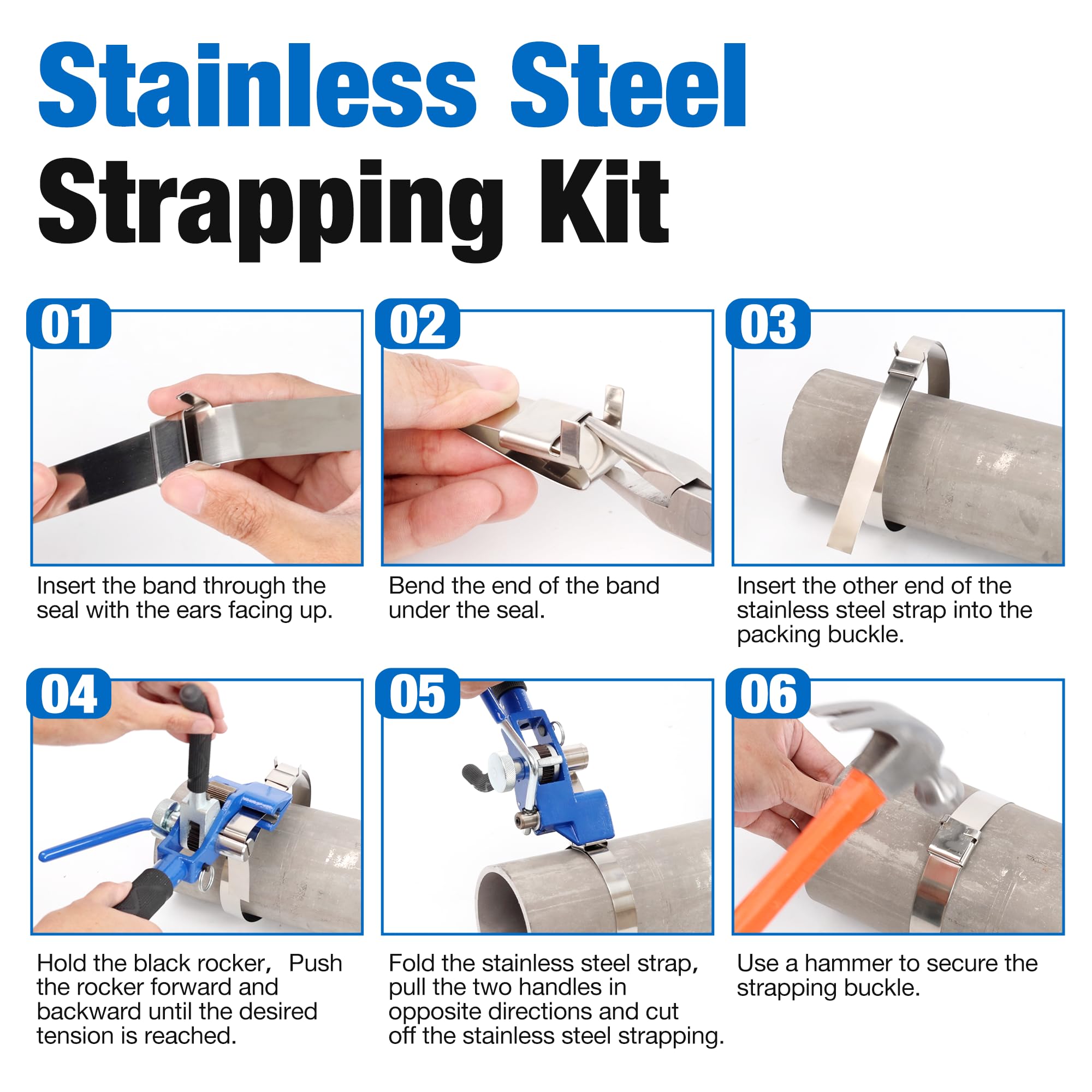 U.S. Solid Edelstahl-Bandset 304 - Umreifungszange mit 19mm x 30m Bandrolle, 100 Sicherungsclips + Hammer für stabile Palettenverpackung