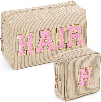 MAGEFY Makeup Bag,2 Pcs Initial Cute Makeup Bag for Purse Corduroy Cosmetic Bag for Girls Women Small Travel Makeup Pouch with Zipper Beige-HAIR+H