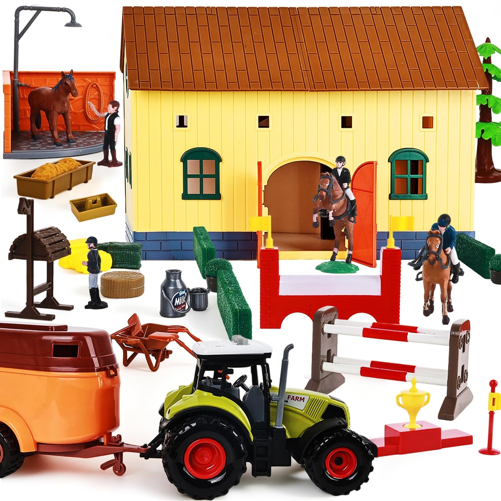 Horse Club Riding Arena, Horse Stable Playset,Tractor with Trailer, Equestrian Washing Ar…