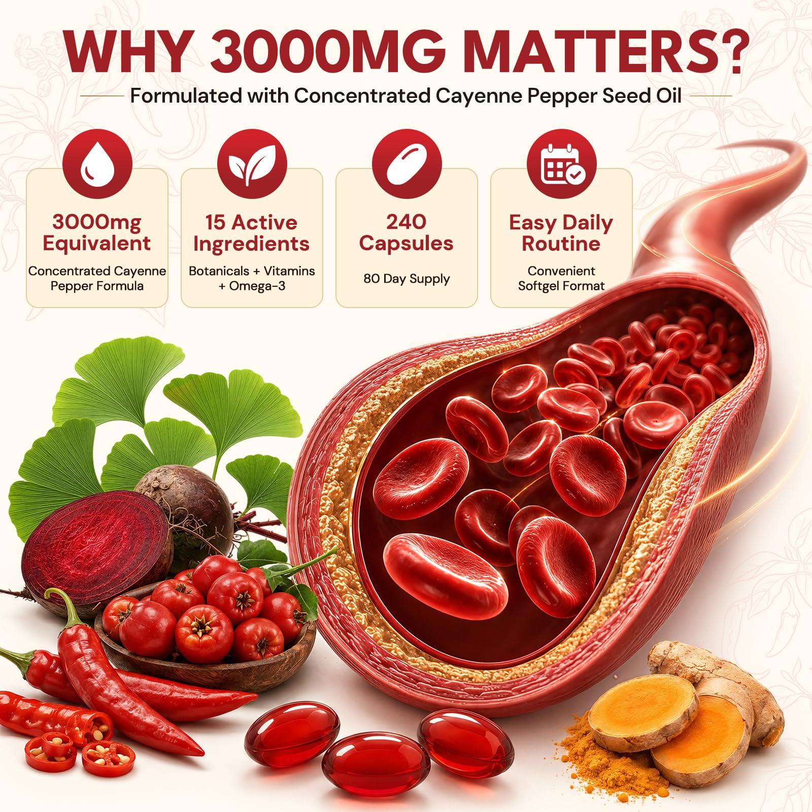 Cayenne Pepper Capsules, 15-in-1 Cayenne Pepper Capsules with Vitamin D3 + K2, L-Citrulline, Beet Root, CoQ10, Capsaicin supplements for Healthy Circulation, Energy, Heart Vessel Support, 240ct — Amazon image 6