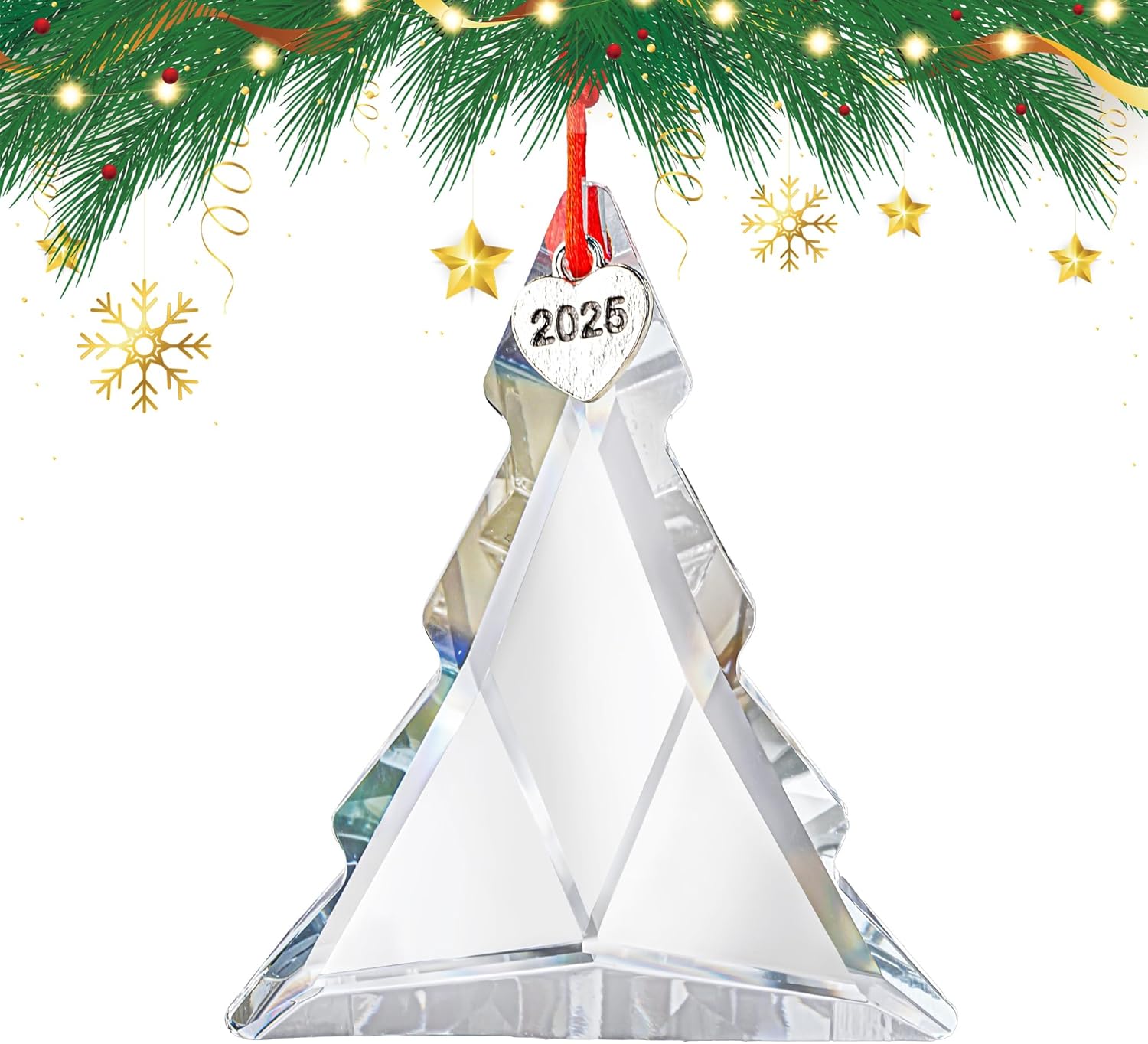 2025 Christmas Tree Shape Ornament 2.7 Inch Crystal Hanging Ornament Clear Cut Glass Ornament for...