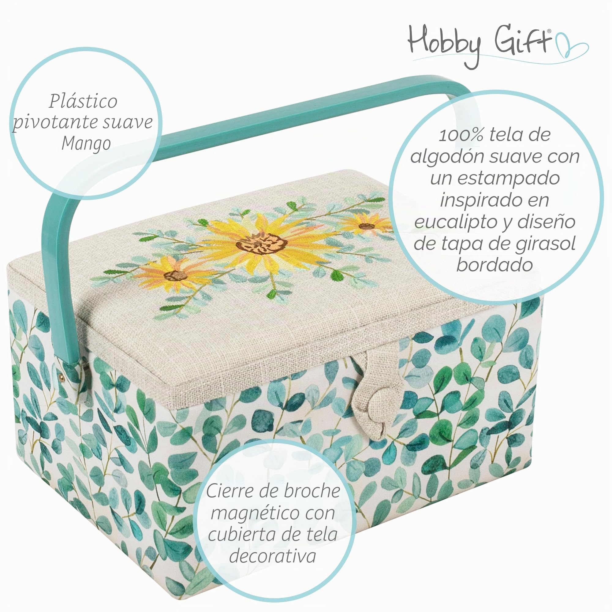 Hobby Gift Caja de Costura Mediana con Asa, Cesta de Algodón para Almacenaje de Costura, Organizador con Compartimentos para Herramientas y Accesorios, 18,5 x 25,5 x 14,5 cm, Eucalipto