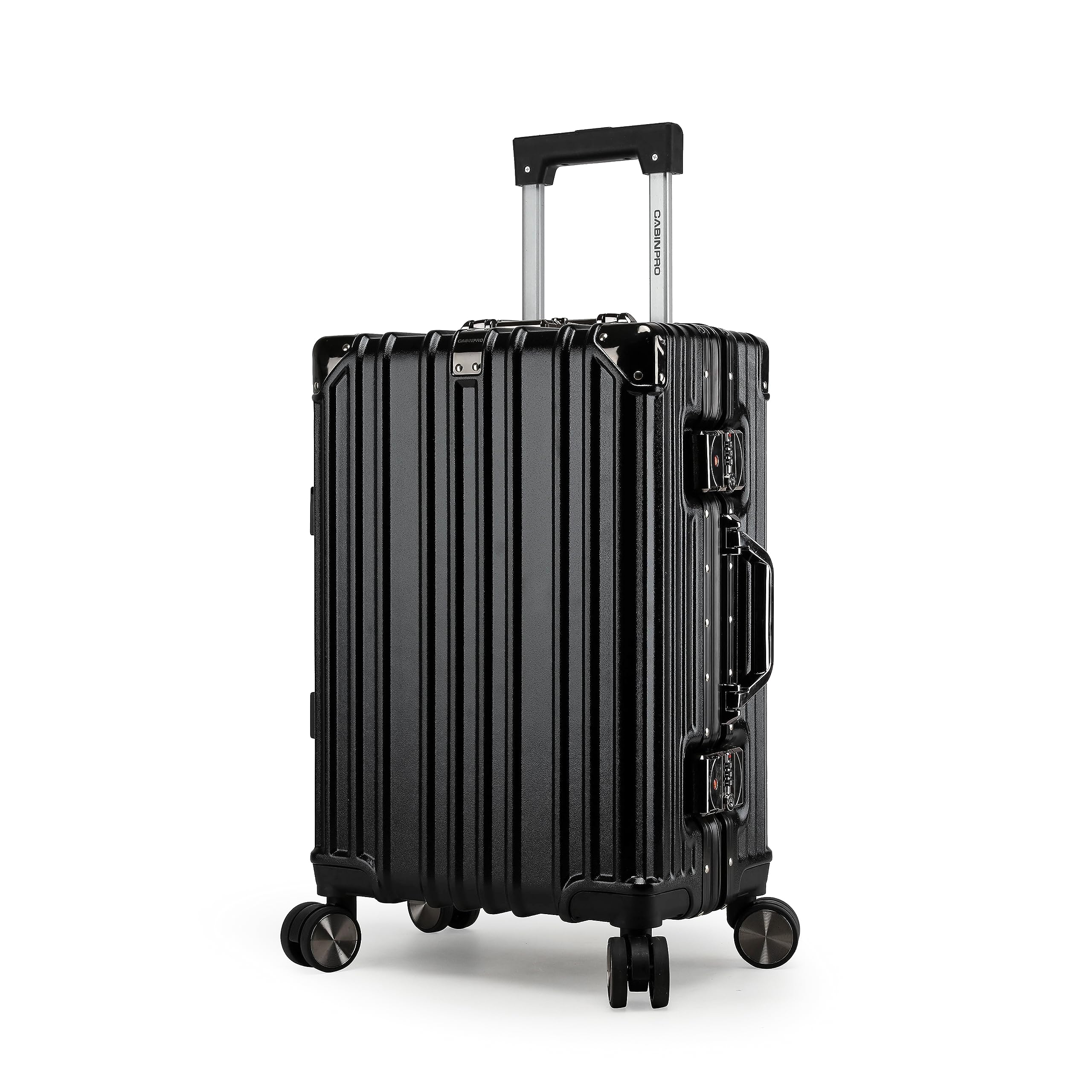 Cabin Pro Light Weight Aluminum Frame Fashion Trolley Luggage Polycarbonate Hard Case Carry on Suitcase with 4 Quite 360° Double Spinner wheels, CP001 (Carry-On 20-Inch, Black) Carry-On 20-Inch Black