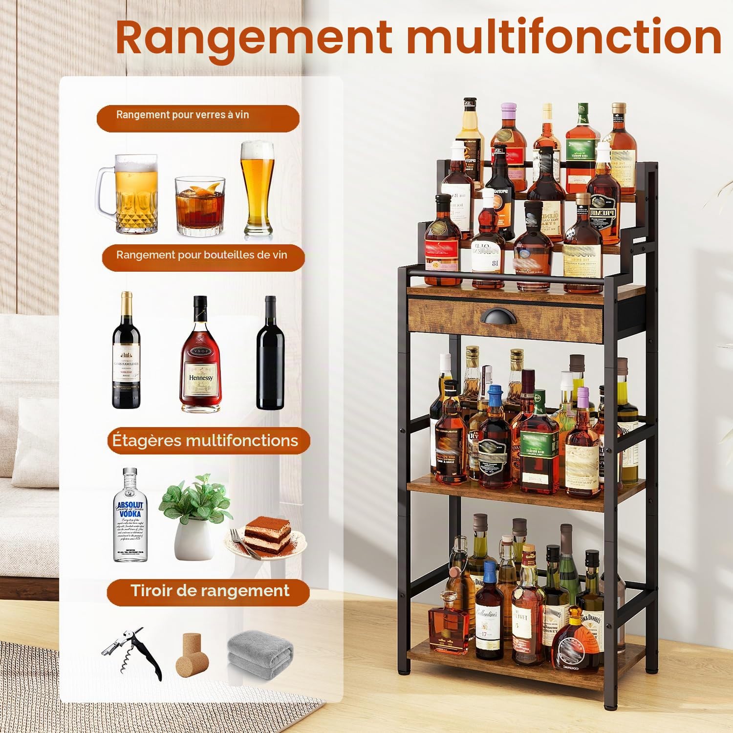 IBUYKE Range Bouteille Vin à Plusieurs Niveaux,Indépendant,Casier à vin avec tiroir pour Whisky, Étagère à Bouteilles de présentation pour Bar,Salon,Salle à Manger, Marron TMJ915H
