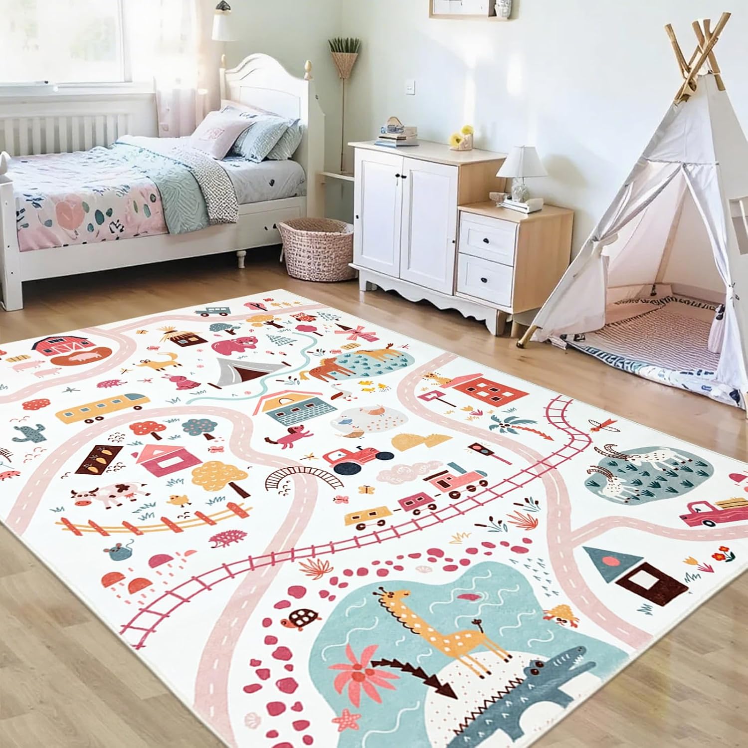 Kids Rug 4x6Ft Farm and Forest Animal Carpet for Boys Girls Room, Car Road Map Play Mat for Bedroom Playroom Nursery Living Room, Soft Farm Life Town Educational Children’s Area Rug