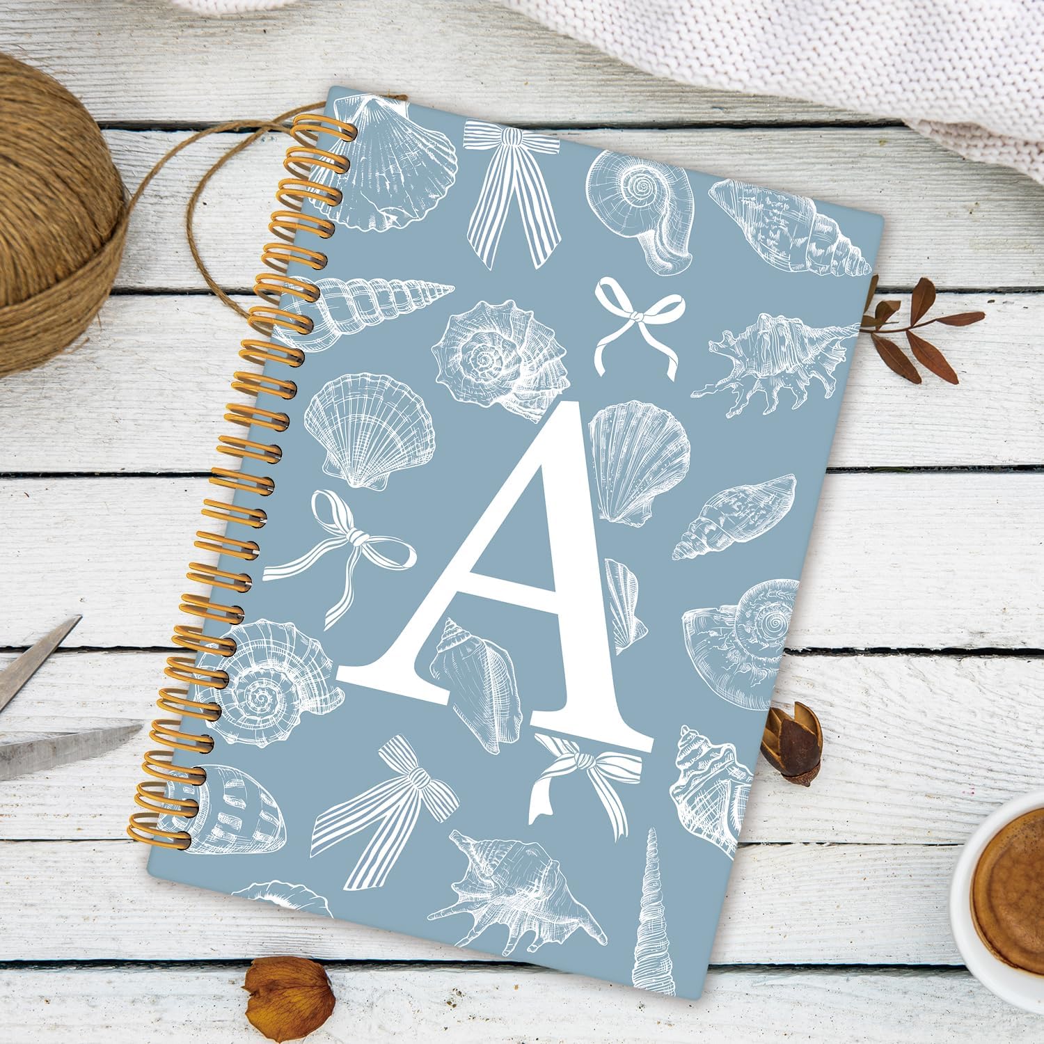 Initial Letter A notebook for girls, Cute Blue monogram notebook Gifts for Women，back to school，Coastal Granddaughter Bow Beach Ocean Seashell Teal Hardcover Notebook 5.5x8.3 image 3