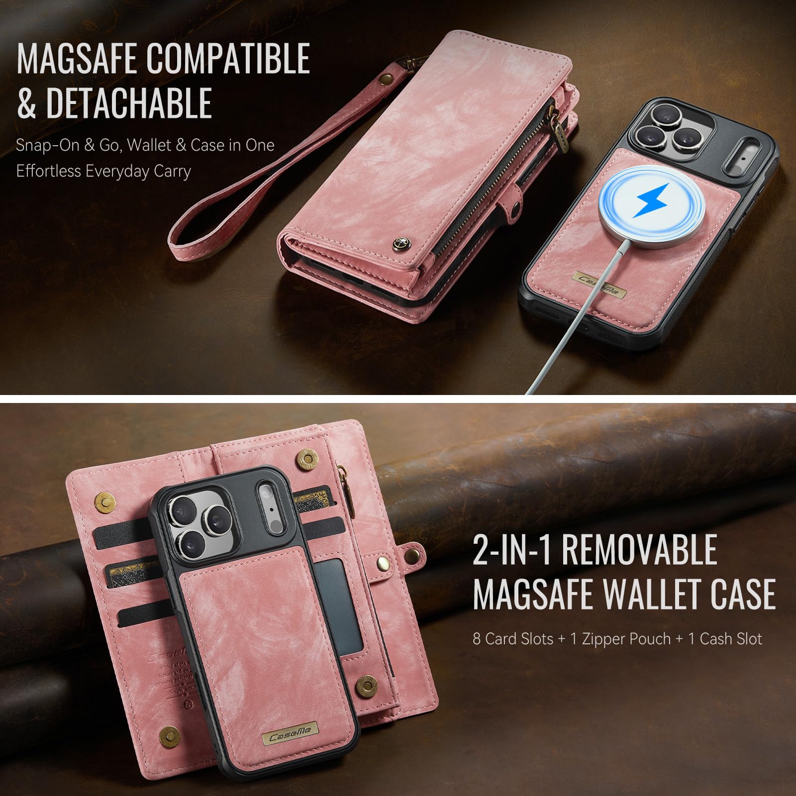 Etui portfelowe na iPhone'a 17 Pro, z 8 przegródkami na karty, magnetyczne zamknięcie, kieszeń na zamek błyskawiczny, odpinane magnetyczne wzornictwo 2 w 1, wysokiej jakości skóra PU, z paskiem
