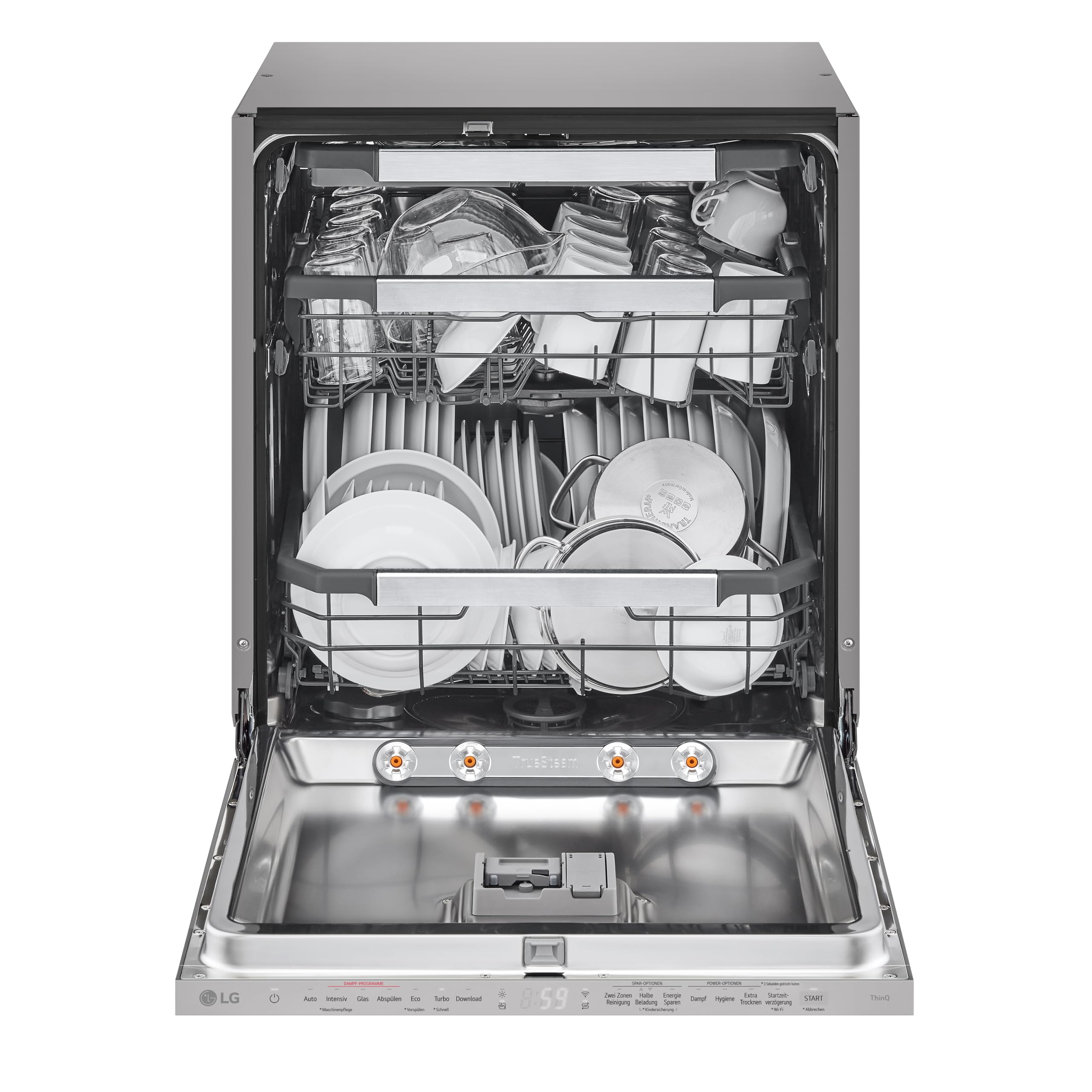 LG DB597TXS, Energieklasse A -20%, vollintegrierbarer Geschirrspüler, Spülmaschine mit Besteckschublade, automatische Türöffnung bei Trocknung, Dampfreinigung, besonders leise, Silber