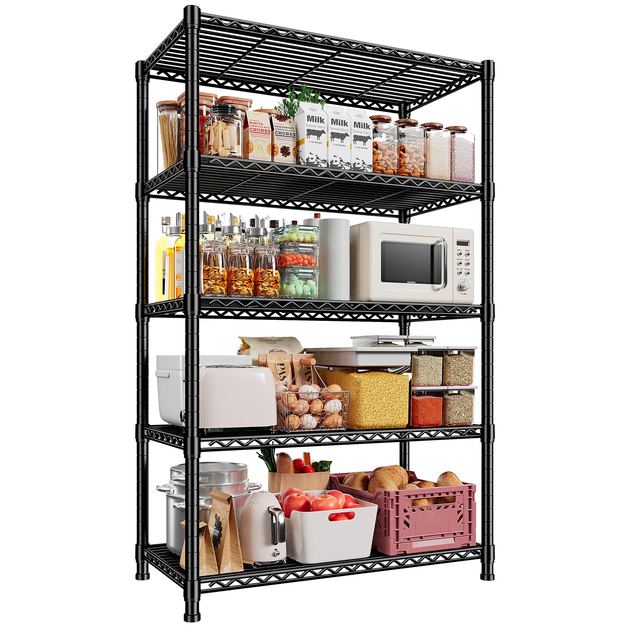 REIBII 340KG Heavy Duty Shelving Unit, 60x35 x150cm Adjustable Metal Storage Shelves Shelving Units, 5-Tier Wire Shelving Unit, Storage Rack for Kitchen Pantry Storage, Easy to Assemble Black