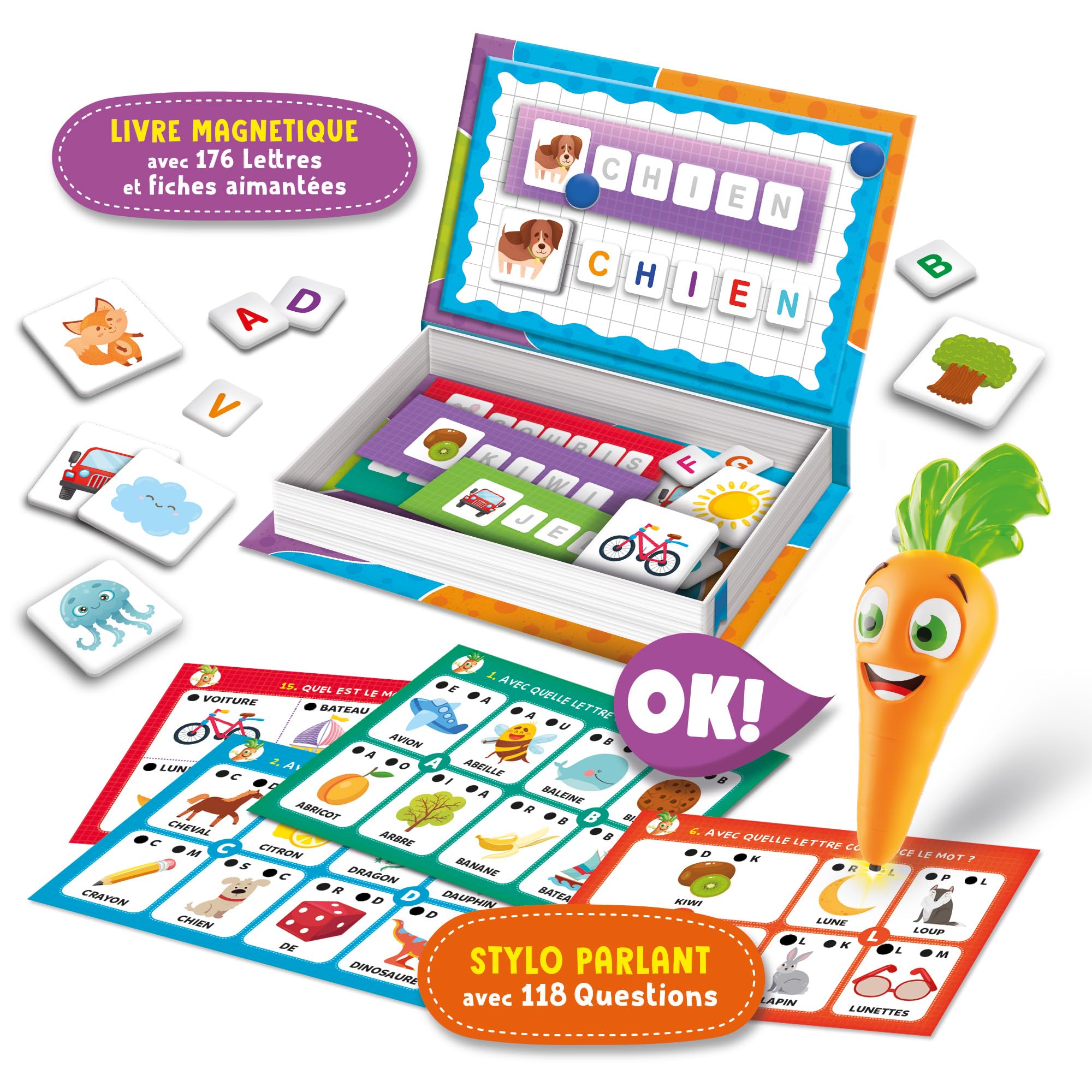 Lisciani - CAROTINA - Lettres et Mots 2 en 1 - Jeu Éducatif pour Enfants dès 3 Ans - Apprendre Les Lettres - Jeu Magnétique Intéractif avec Stylo Parlant - Activité Préscolaire - Jeu Électronique